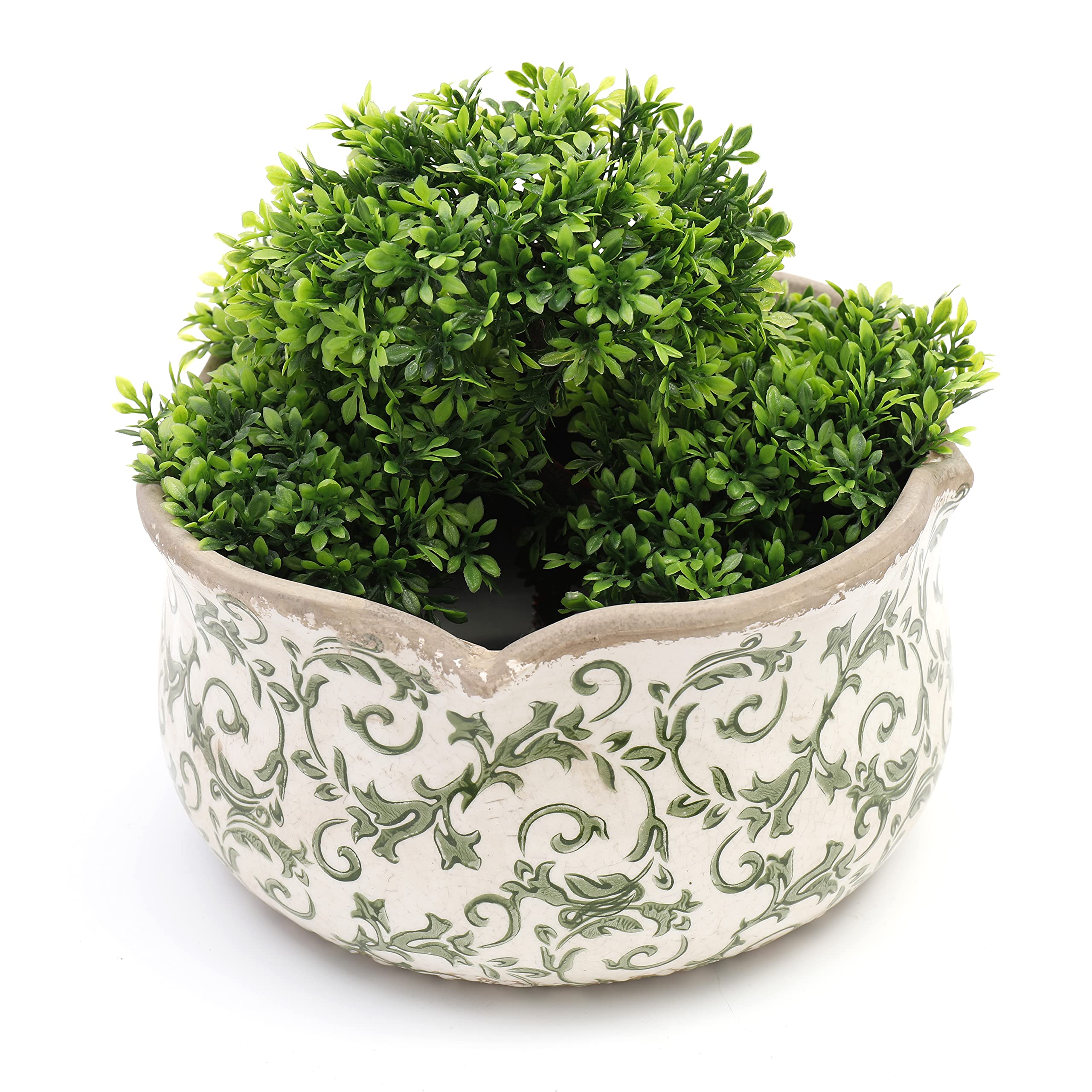 Annibells Green Vintage Cream Ceramic Round Floral Scalloped Planter Plant Flower Pot (Large)