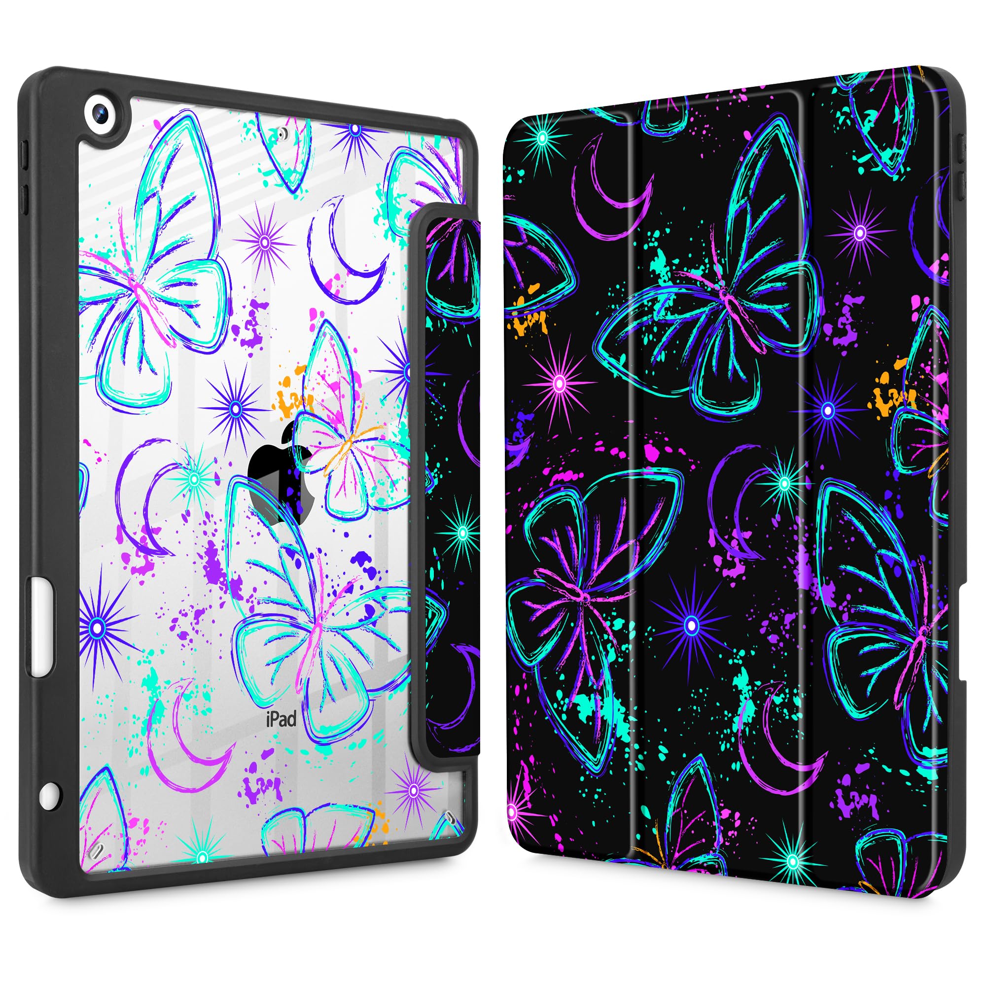 Mektron Printed Case for iPad 10.2 Inch 2021/2020/2019, for iPad 9th/8th/7th Generation Case, Buit in Pencil Holder with Shockproof Cover Clear Shell