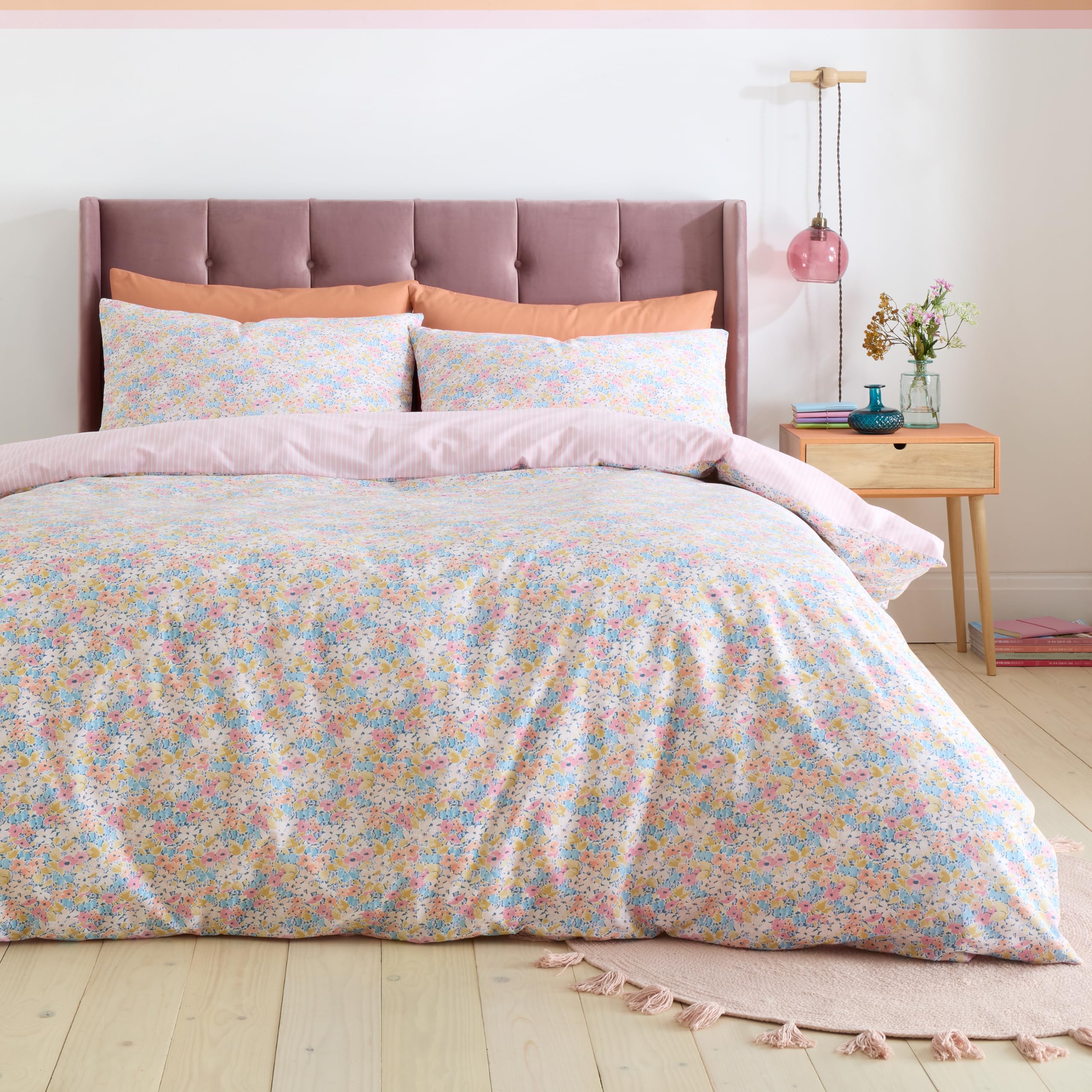 Catherine Lansfield Darcy Floral Reversible Double Duvet Cover Set with Pillowcases, Pink
