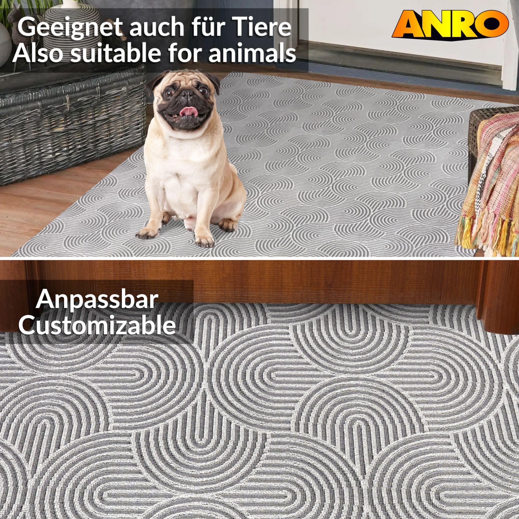 ANRO Läufer Flur Teppich Läufer Küchenteppich Küchenläufer Velours rutschfest waschbar für Küche, Flur, Schlafzimmer Deko Velora 100x200 cm Grau