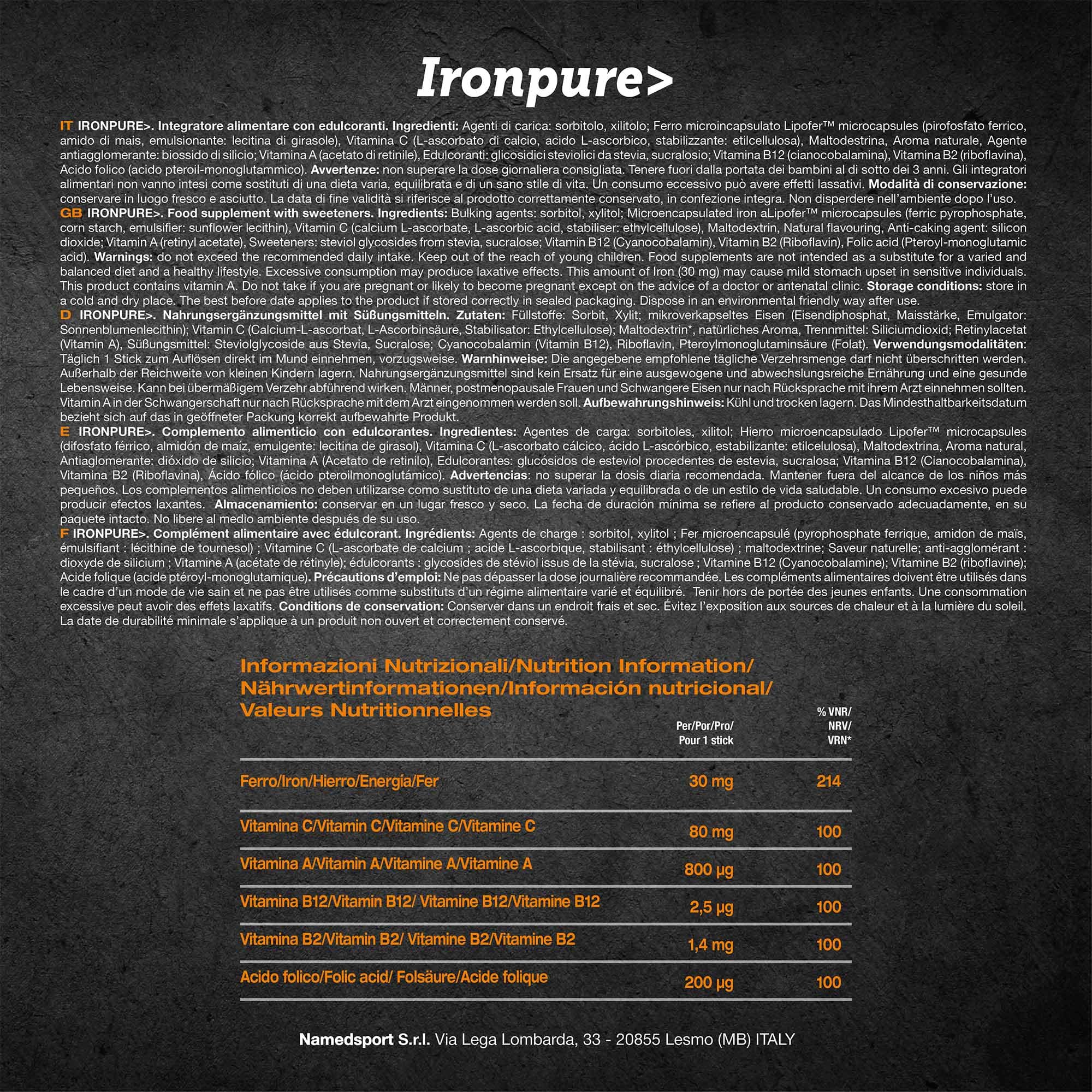 NAMEDSPORT Iron Pure, Supplement a base di ferro liposomiale e Vitamine (A, B2, B9, B12 e C), 1 Confezione da 30 unità
