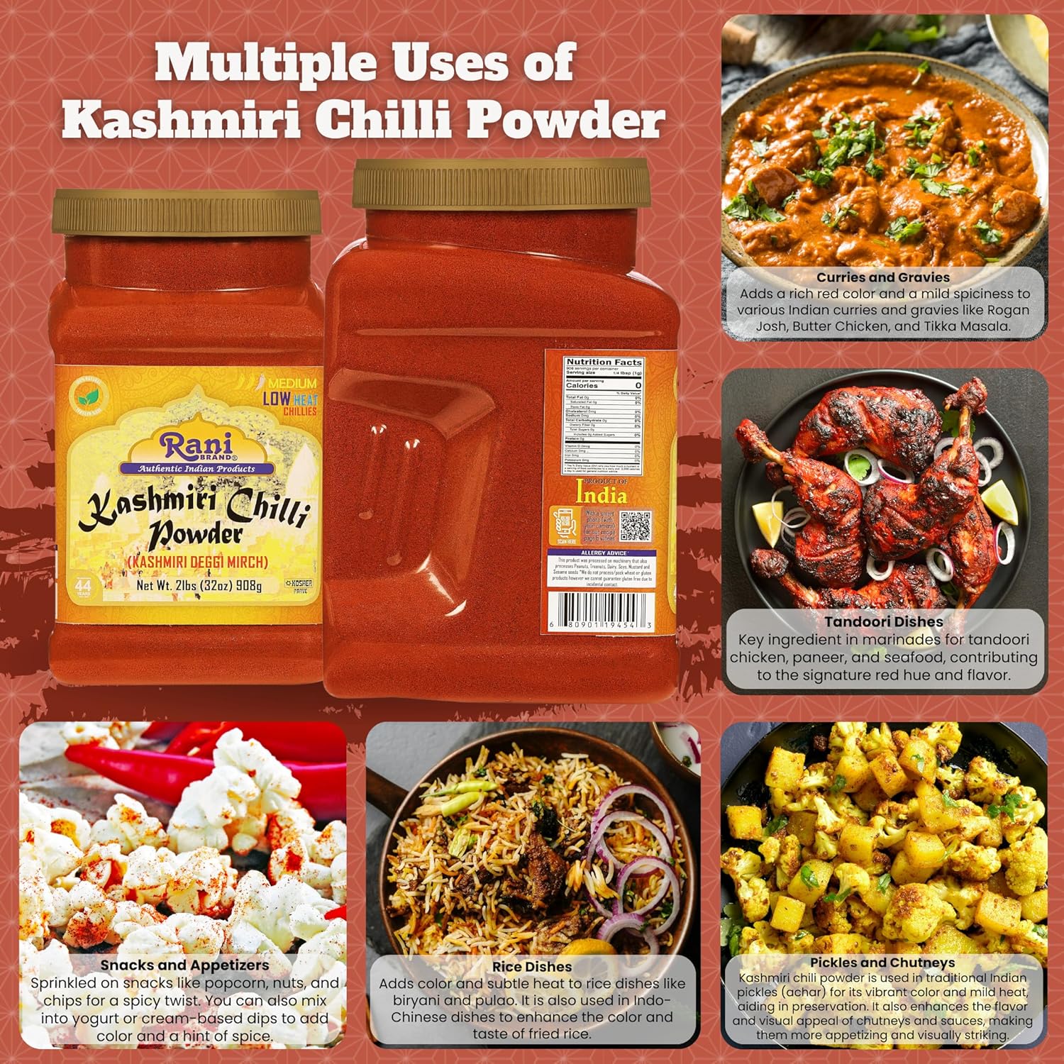 Rani Kashmiri Chilli Powder (Deggi Mirch, Low Heat) Ground Indian Spice 32oz (2lbs) 908g PET Jar ~ All Natural | Salt-Free | Vegan | Kosher | Gluten Friendly