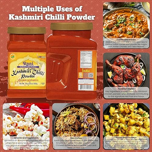 Miniatura 3 de Rani Kashmiri - Chile en polvo (Deggi Mirch, bajo calor), especias indias molidas de 32 onzas (2 libras) tarro de PET de 32.03 oz  Todo natural  Sin