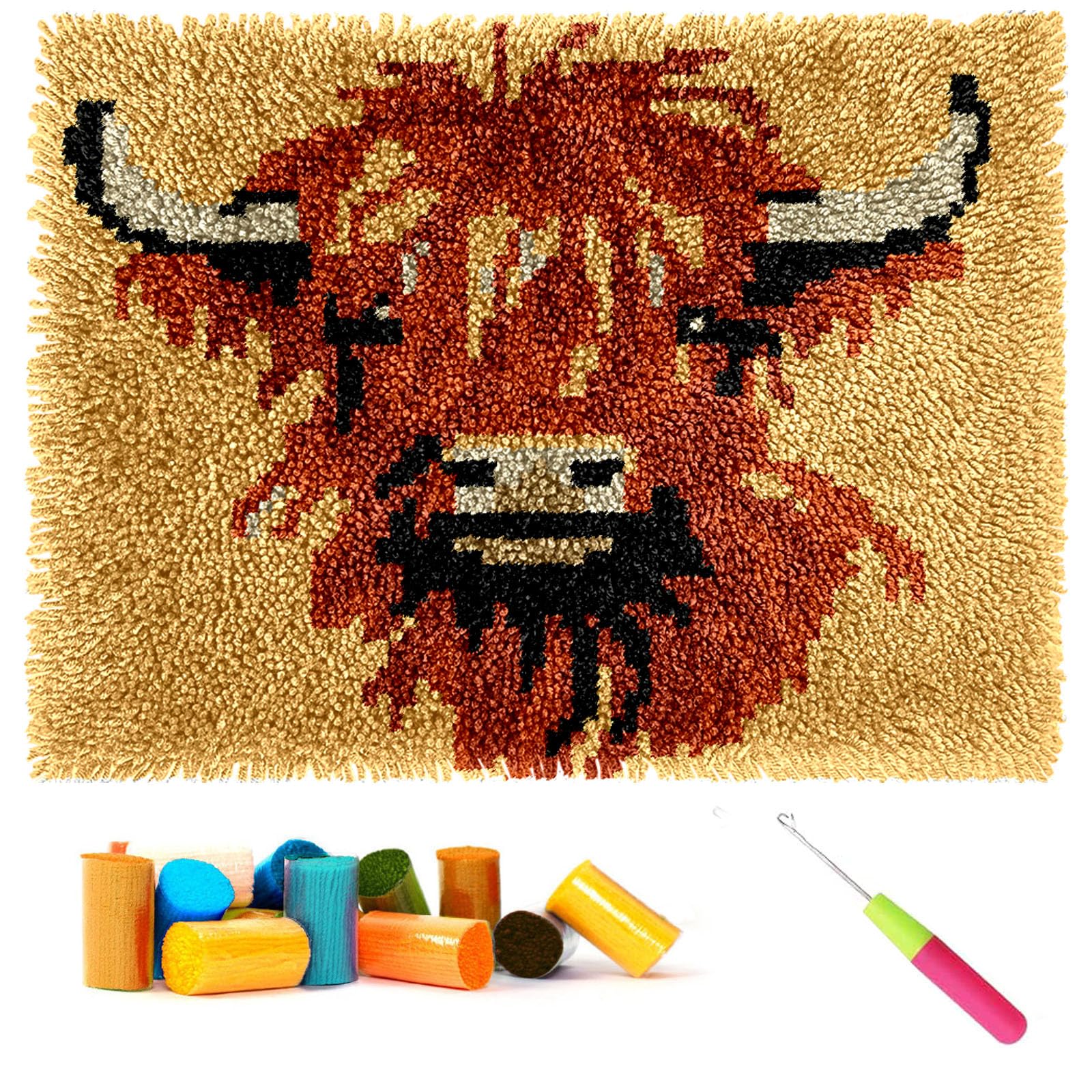 CCWORAN Highland Cow Latch Hook Rug Kit for Adults DIY Craft Rug Making Kit Set Tapestry Cushion Knitting Patterns Printed Mesh Mat Canvas Wool Yarn Fabric Decorations Home Gift 2