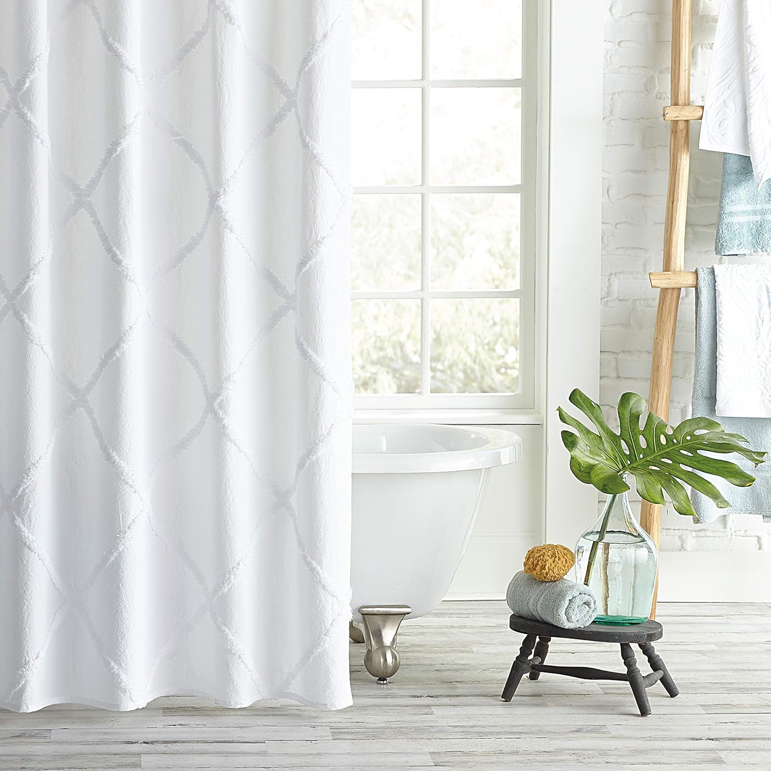 Peri Home Lattice Chenille Cotton Fabric Shower Curtain, 72-Inch Wide x 72-Inch Long, White