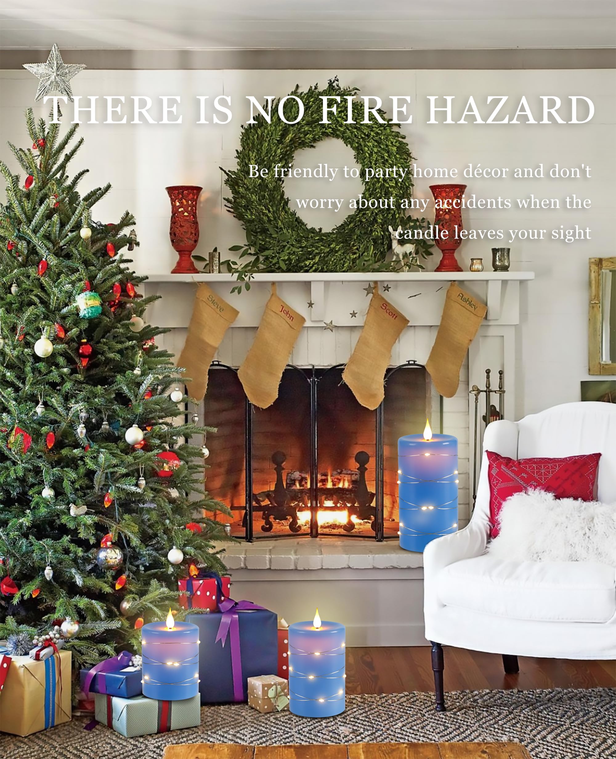 Candele LED Angolo di visione a 360 gradi, con luci stellate, 3 pezzi di candele a LED con telecomando a 10 tasti, funzione timer 24 ore, fiamma danzante, cera reale (Blu).