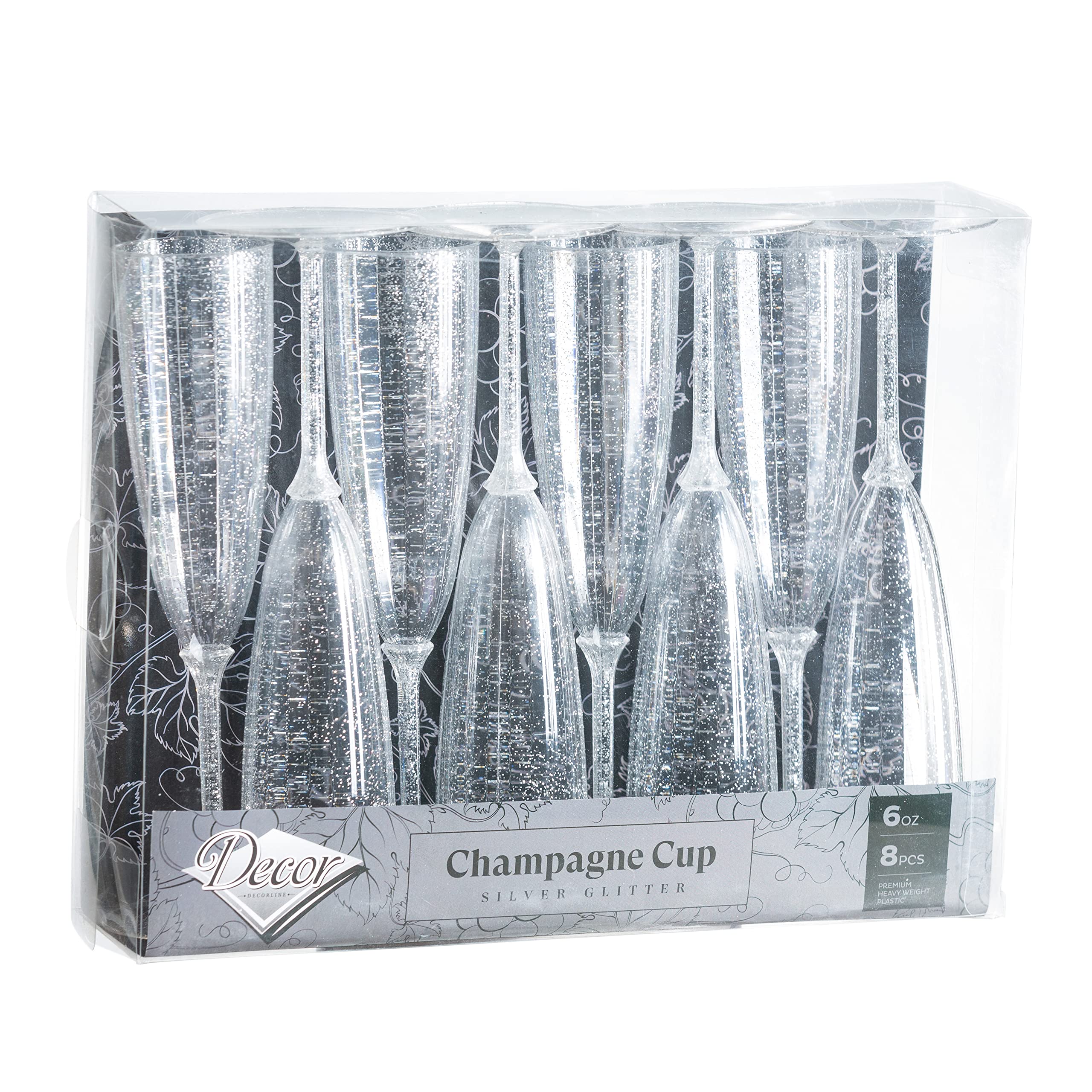 Decor Decorline - 48 x Flûtes à champagne en verre à pied en plastique Dur de Qualité Supérieure, Verres à Champagnes pour Mariages et Fêtes, 170 ml paillettes d'argent - Réutilisables et Stables…