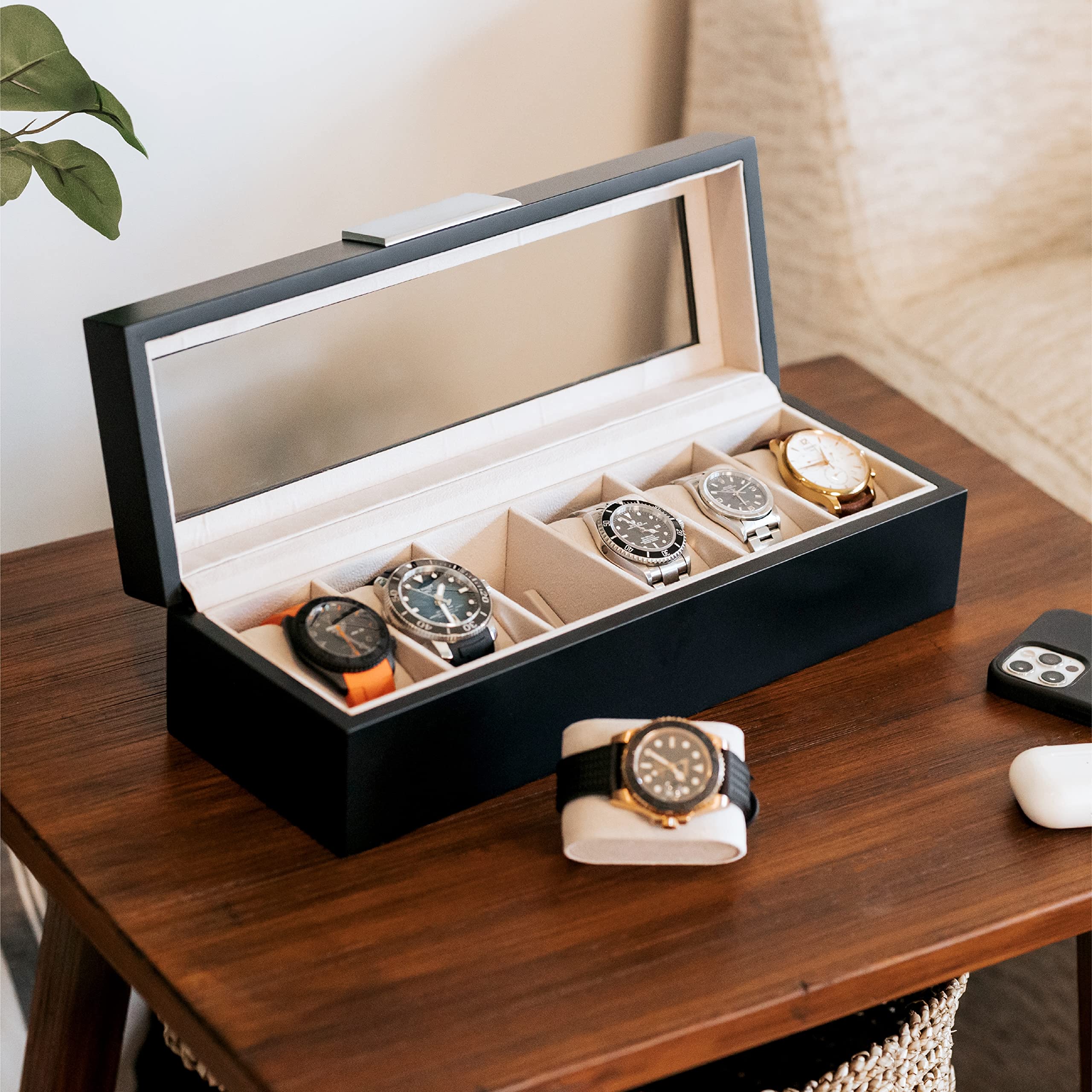 CASE ELEGANCE Collection Edle Uhrenbox aus Holz für 6 Uhren mit Vitrine - Schwarz (Metallclip)