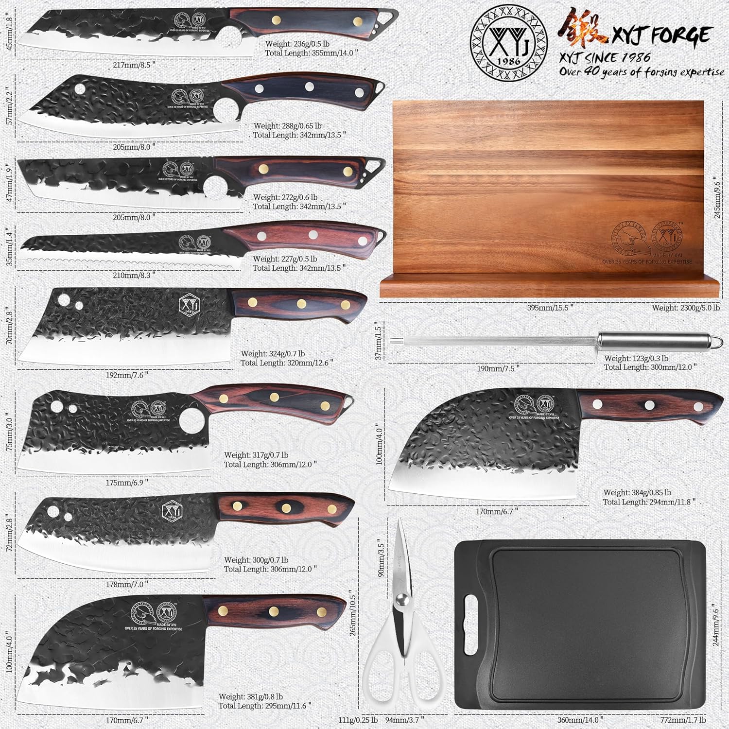 XYJ Knife Set with Block,Scissors,Honing Steel,Cutting Board,Washing Cloth,Gloves,Full Tang,Kitchen Knife Block Set,Meat Cleaver Slicing Bread Cutting Vegetable Butcher Knives,Pakkawood Handle