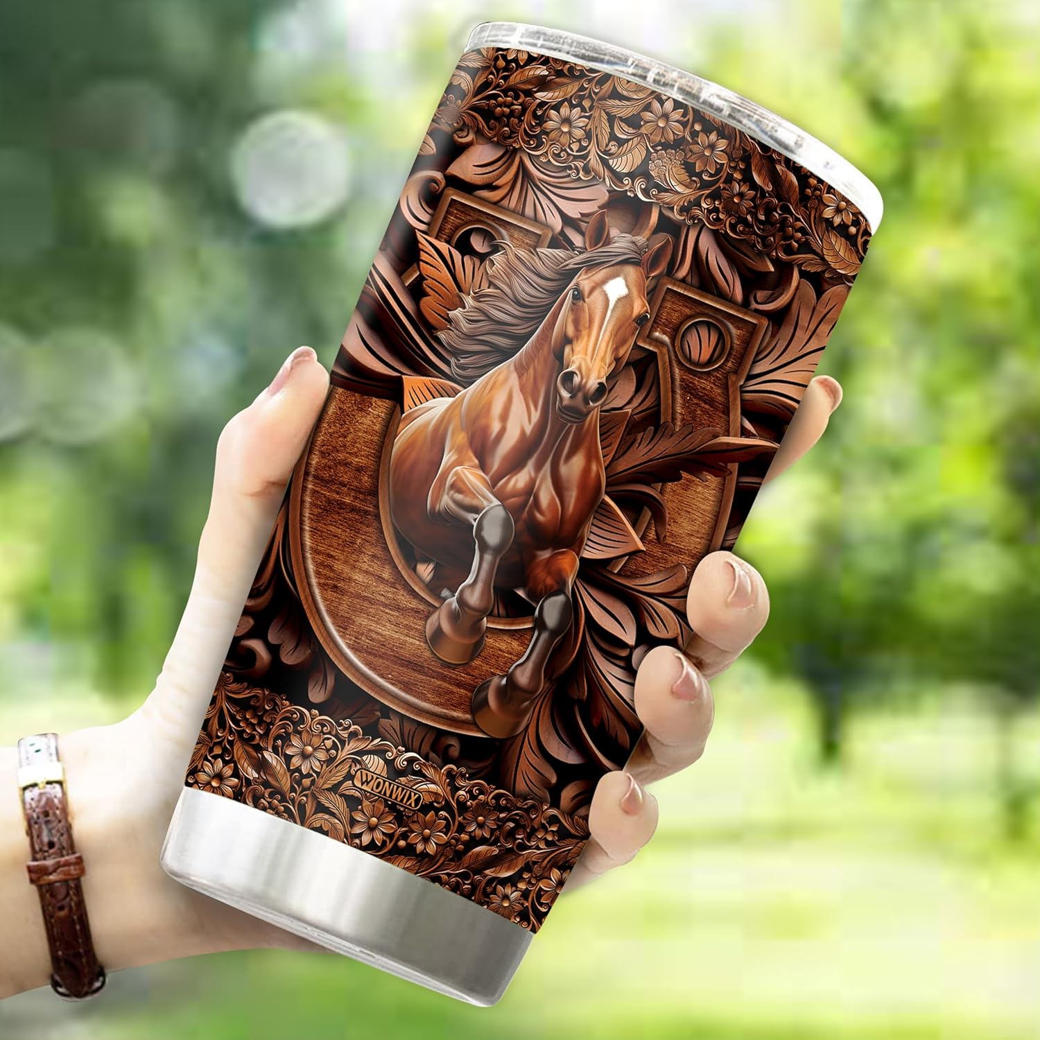 Personalized Horse Wood Drawing Tumbler Gifts for Women Men Him Her 20oz Stainless Steel Insulated with Lid Custom Name Travel Mug Coffee Cup Horse Equestrian Gift - Image 3