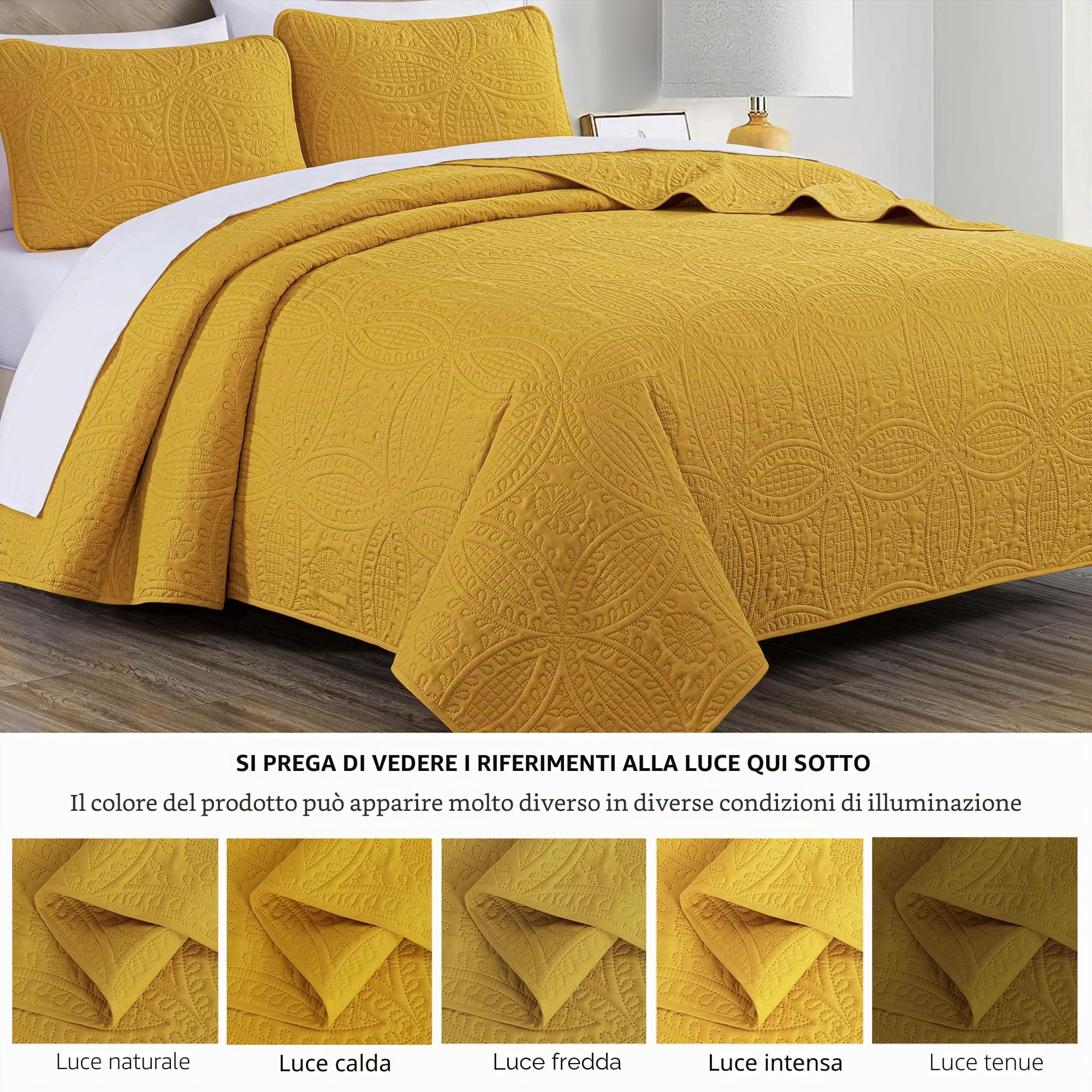 Chezmoi Collection Austin - Set di 3 copriletto trapuntato Pinsonic per letto matrimoniale, colore: senape