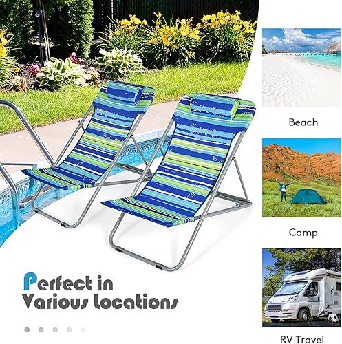 Miniatura 9 de GYMAX Silla de playa, 2 piezas de descanso de playa baja para adultos con respaldo ajustable de 3 niveles y almohada extraíble, silla de campamento