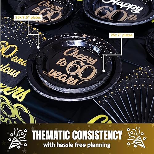 Miniatura 9 de Juego de 202 piezas de decoración de cumpleaños 60 con pancarta preencordada, platos, vasos, servilletas, mantel, juego completo de cubiertos y