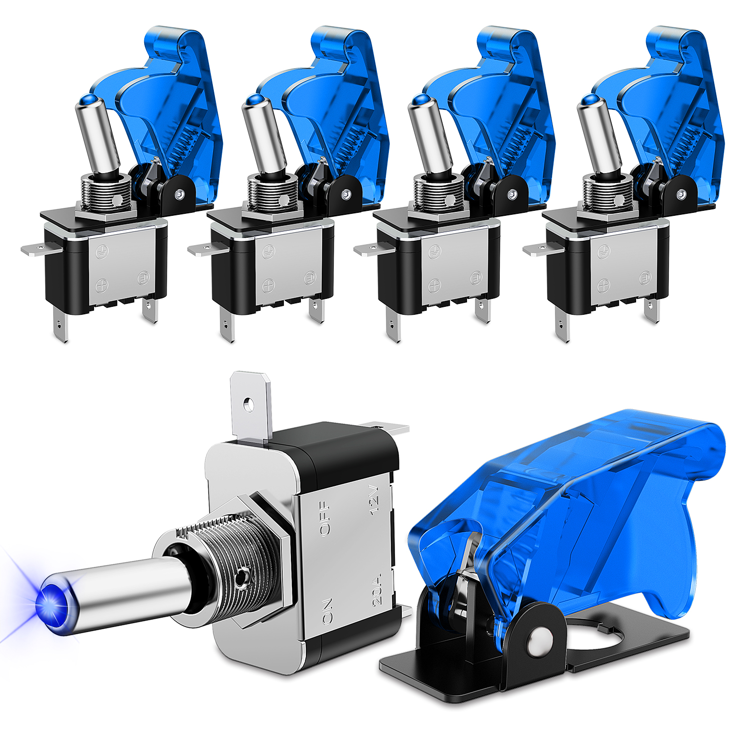 Image of Nilight 5PCS LED Toggle Switch ON Off 12V Blue Lighted Aircraft Safety Cover Heavy Duty 20A SPST 3 Pin Rocker for Automotive Cars Trucks Boats Racing Cars,2 Years Warranty