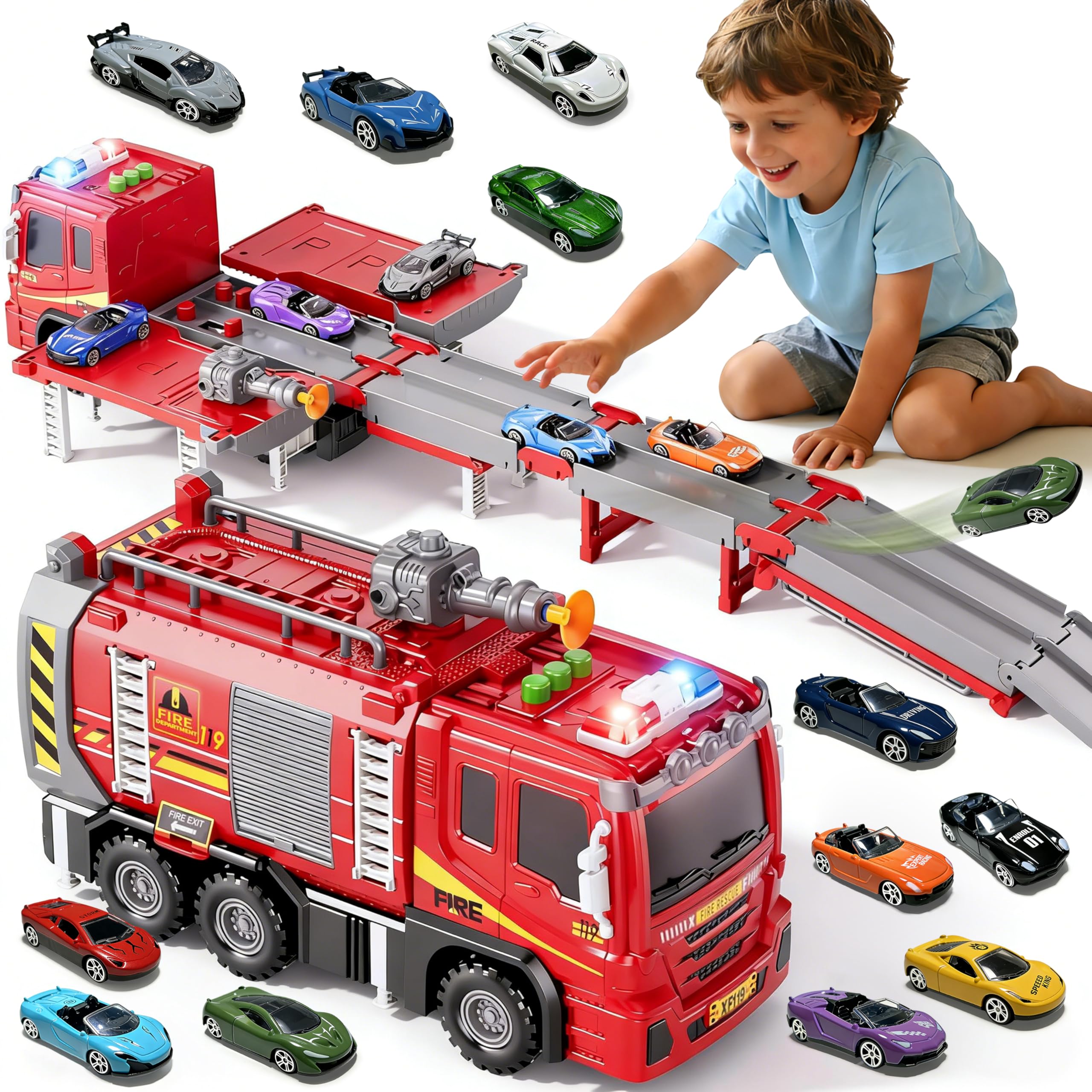 3in1 Fire Truck Toy with Foldable Race Track & 12 Diecast Race Cars Toys, Fire Trucks for Toddlers 3-5 with Lights & Sounds, Carrier Truck Car Kids