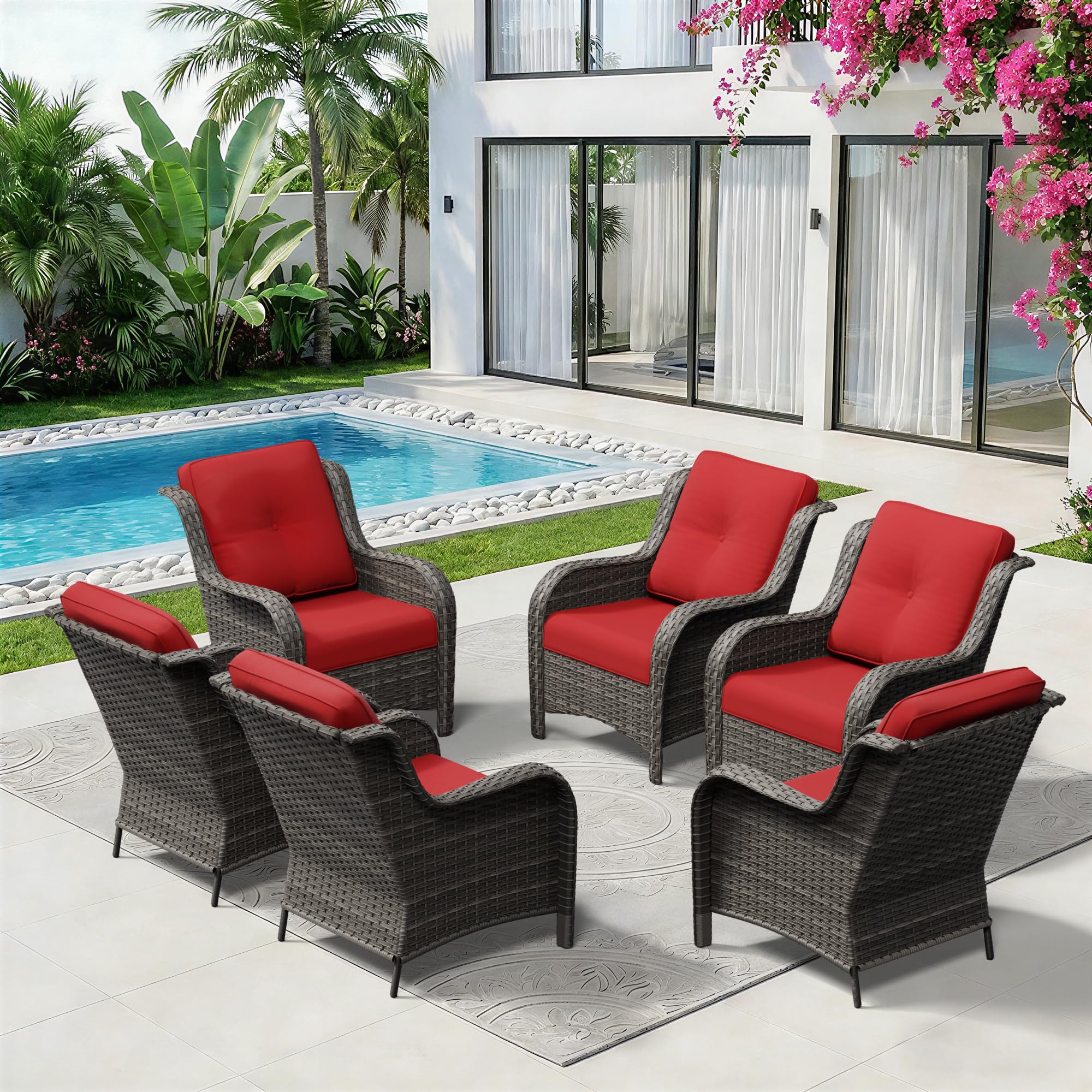 6 Piece Outdoor Wicker Patio Furniture Set, Patio Chairs Set with Thickened Olefin Cushions, High Back and Deep Seating, Hand-Woven PE Rattan for Porch, Deck