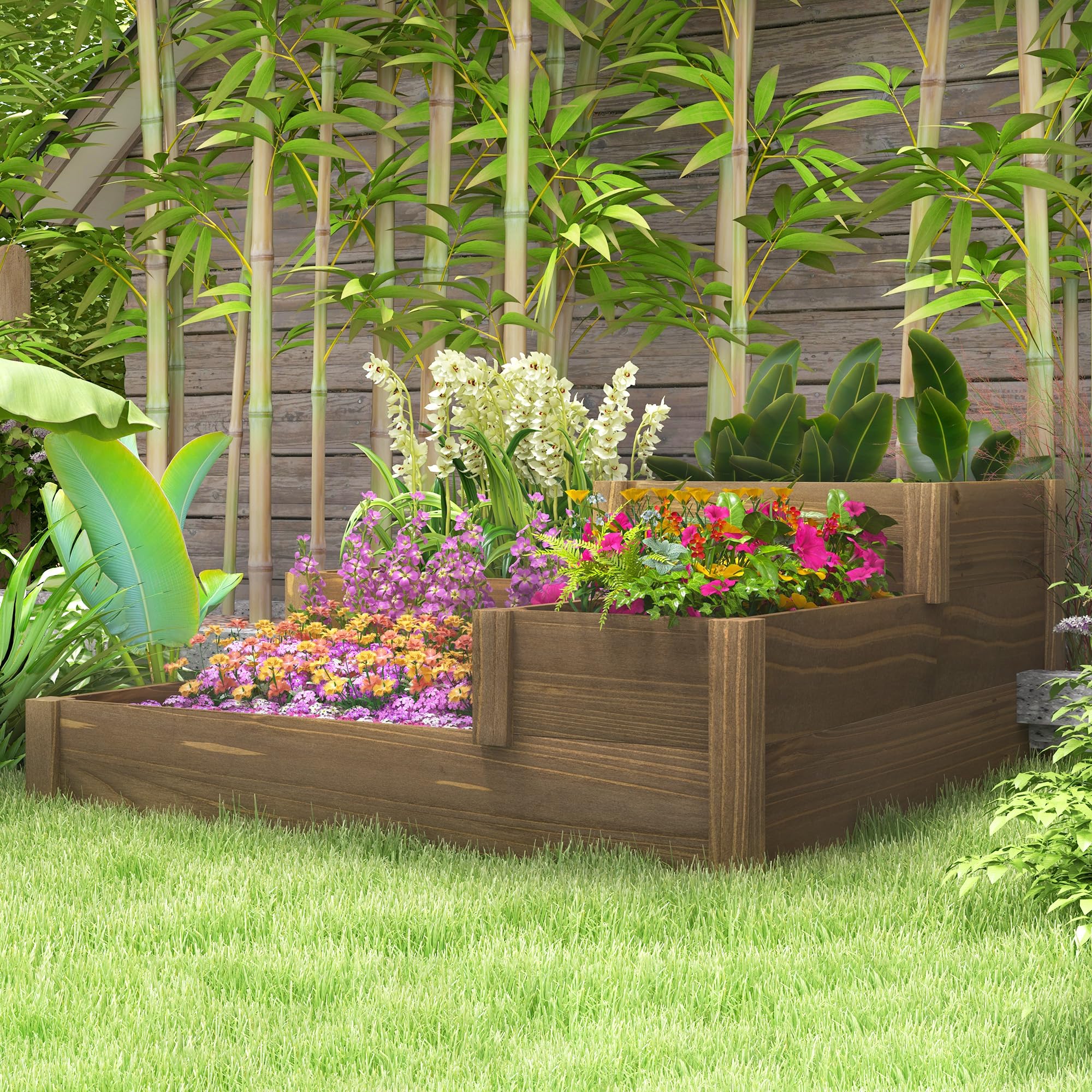 Outsunny Bac à légumes surélevé Bac à fleurs avec 3 niveaux, bac à plantes pour herbes aromatiques sur la terrasse et le balcon, bois de sapin, brun, 122 x 122 x 51 cm