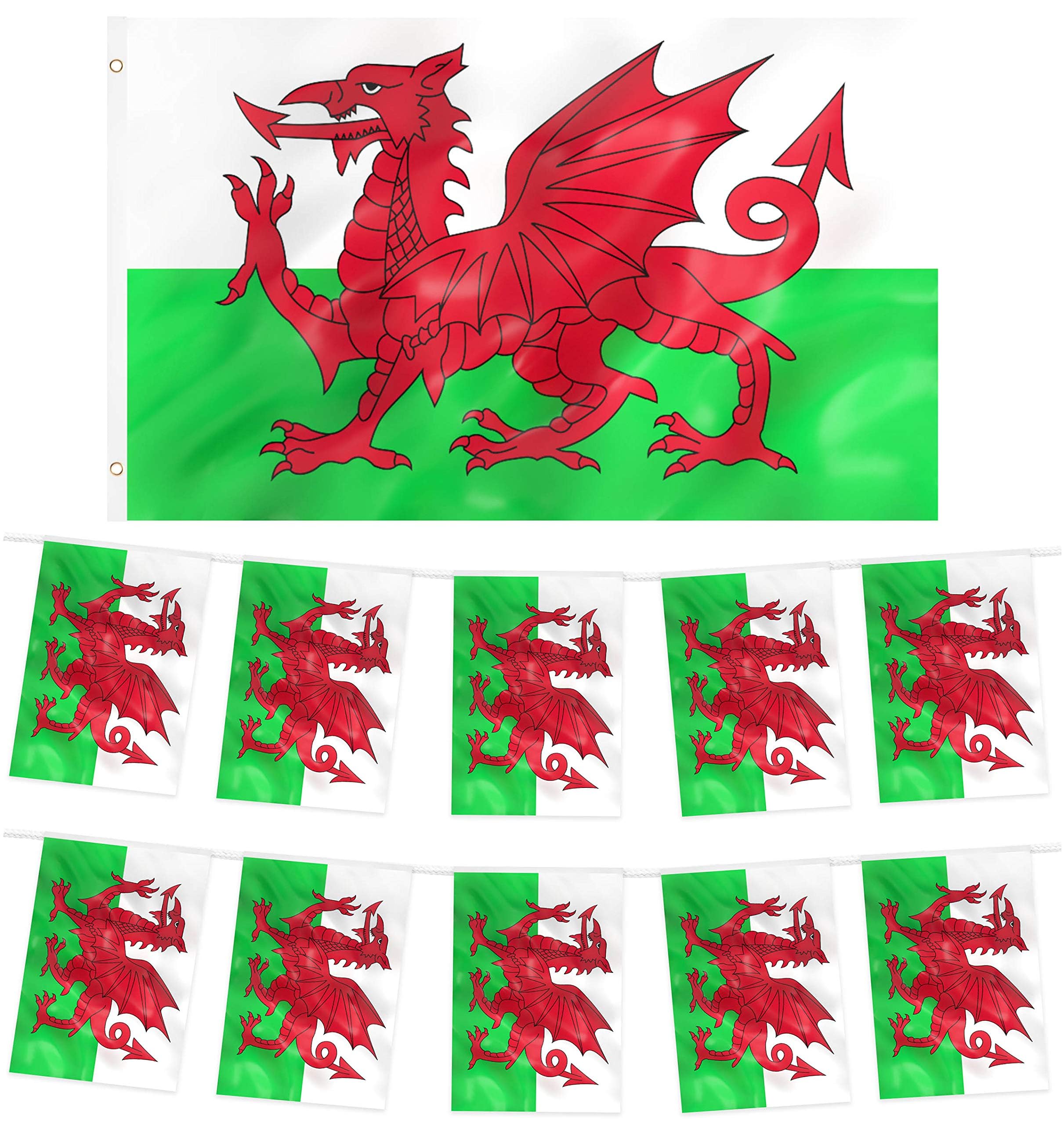 6 Nations Wales Flag and Wales Bunting Welsh Flag Bunting Six Nations Rugby 10m World Cup Decorations Welsh Flags 5ft x 3ft Party Decorations Dragon Rugby Bunting Welsh Bunting Flags