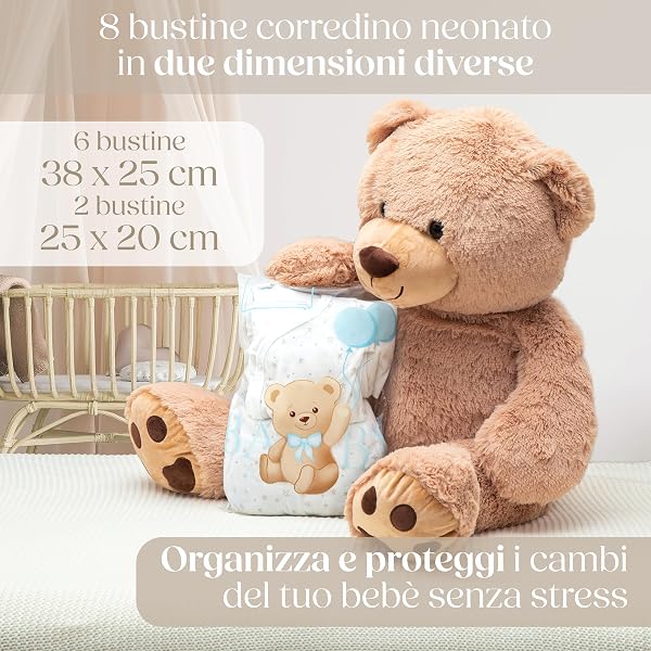 Wellode® 8 Bustine Corredino Neonato Ospedale Teddy Bear, 6 Grandi e 2 Piccole - Sacchetti Cambio Neonato Riutilizzabili per Asilo e Viaggi - Idea Regalo Nascita Baby Shower e Lista Nascita Bebè - 3