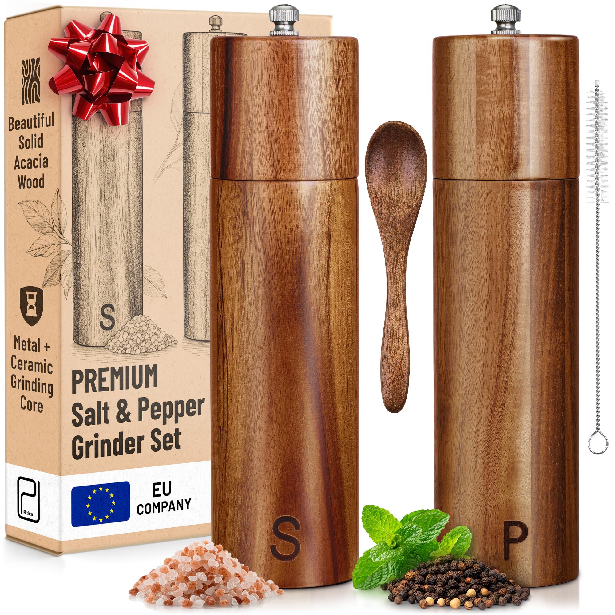 Juego de molinillos de sal y pimienta prémium - 28 g, molinillos de madera maciza deacacia - Molinillos manuales de sal gruesa y pimienta recargables - Moderno/rústico