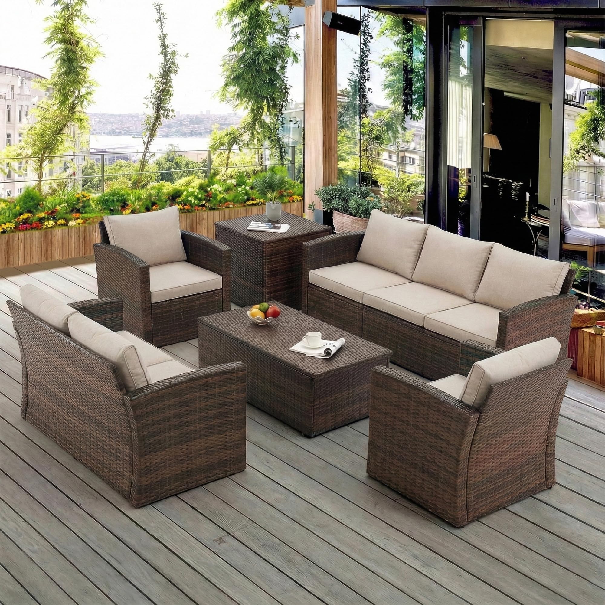 BRISHI Outdoor Sofa Set || Patio Furniture Sets || Balcony Sofa || Indoor Sofa || Wicker Rattan Garden Sofa Set with Cushion and Center Table, 7 Seater. (Brown-Cream)