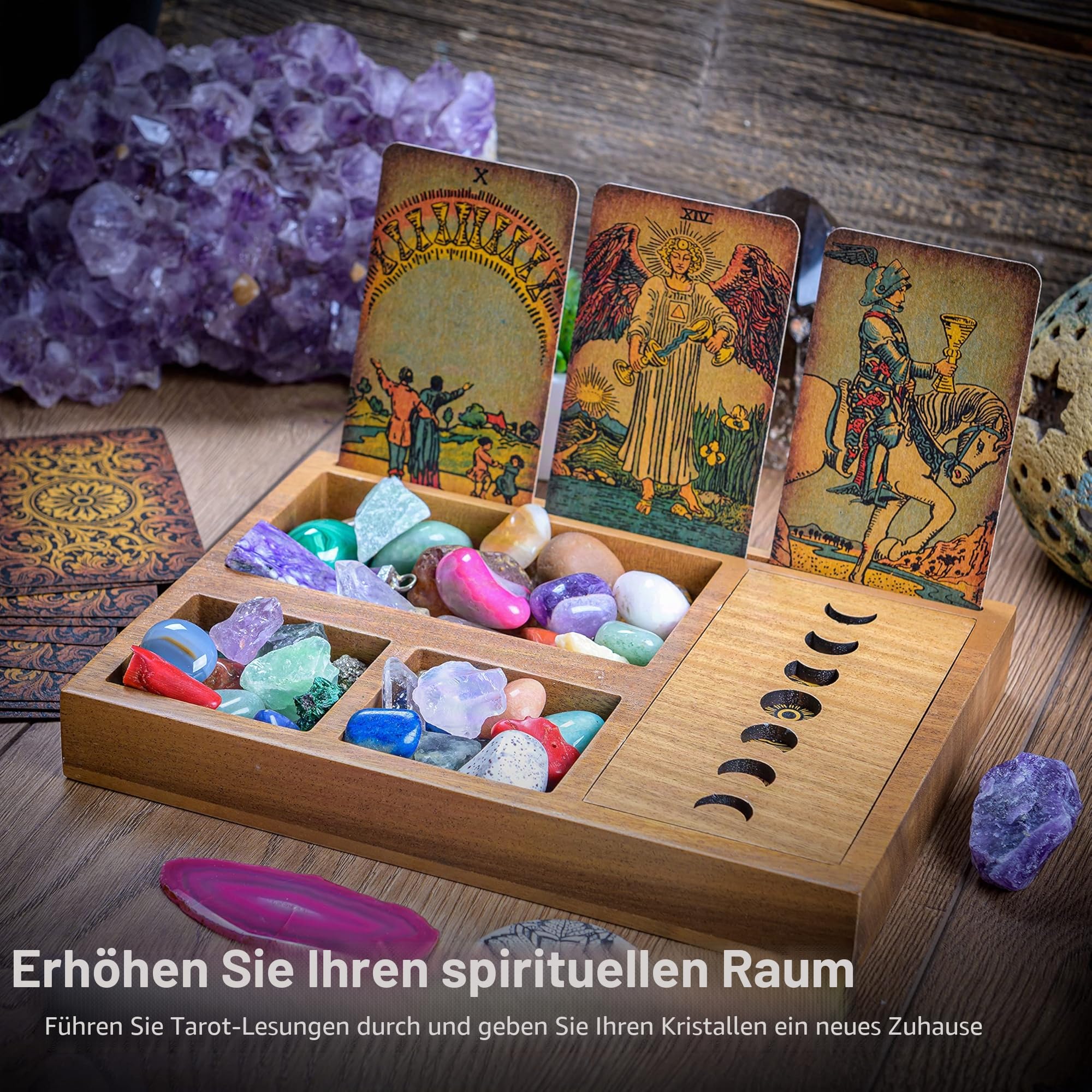 Tarotkartenhalter Box für immersive Lesungen – 3 Tarotkartenständer & Kristallhalter – Mondphasen-Design Tarot-Display Deck Halter & Kristalltablett – Hexerei-Dekor – Wiccan Altar Supplies