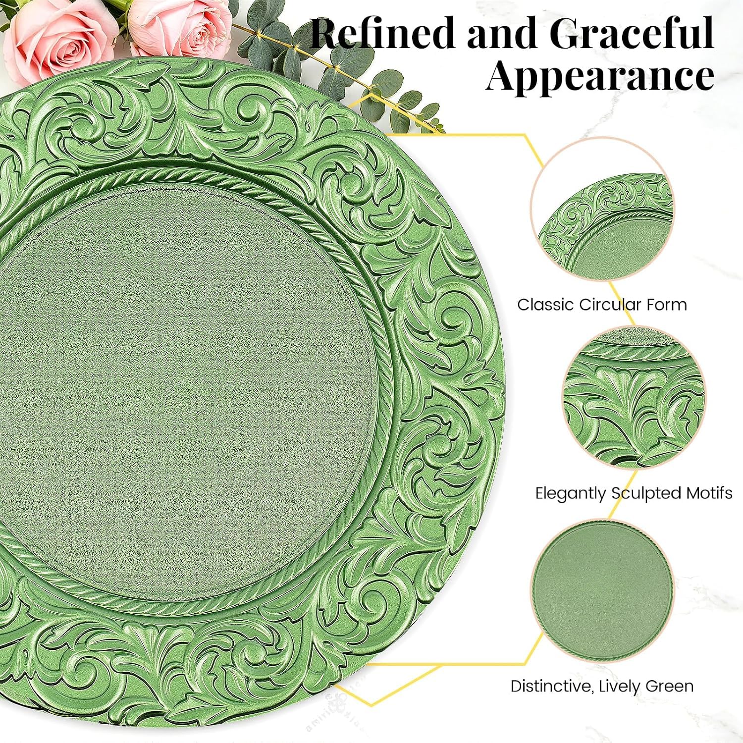 Lot De 100 Assiettes De Présentation Rondes De 33 Cm En Plastique, Bord En Relief, Réutilisables, Pour Mariage, Dîner, Banquet Et Décoration Intérieure, Noir (or) Green