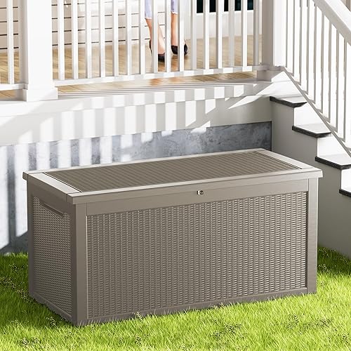 Miniatura 2 de Caja de almacenamiento para exteriores de 320 galones, impermeable, con cerradura, de resina, grande, contenedor de almacenamiento para patio,