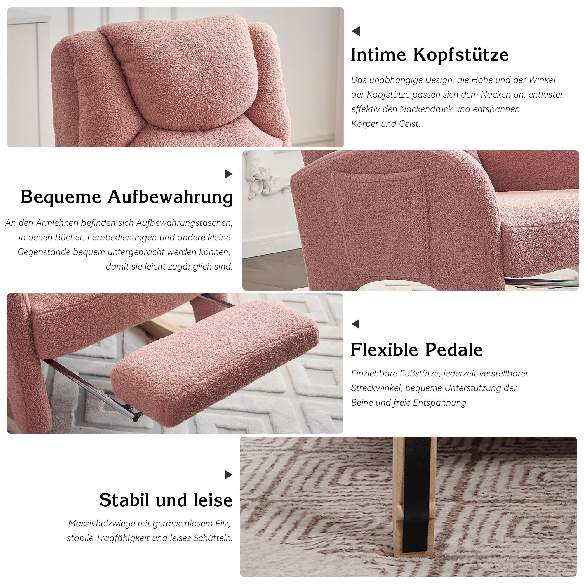 052 Mecedora, sillón relax, silla de salón con reposabrazos, mecedora acolchada, silla acento para dormitorio, tela de peluche rosa, capacidad de carga de 110 kg