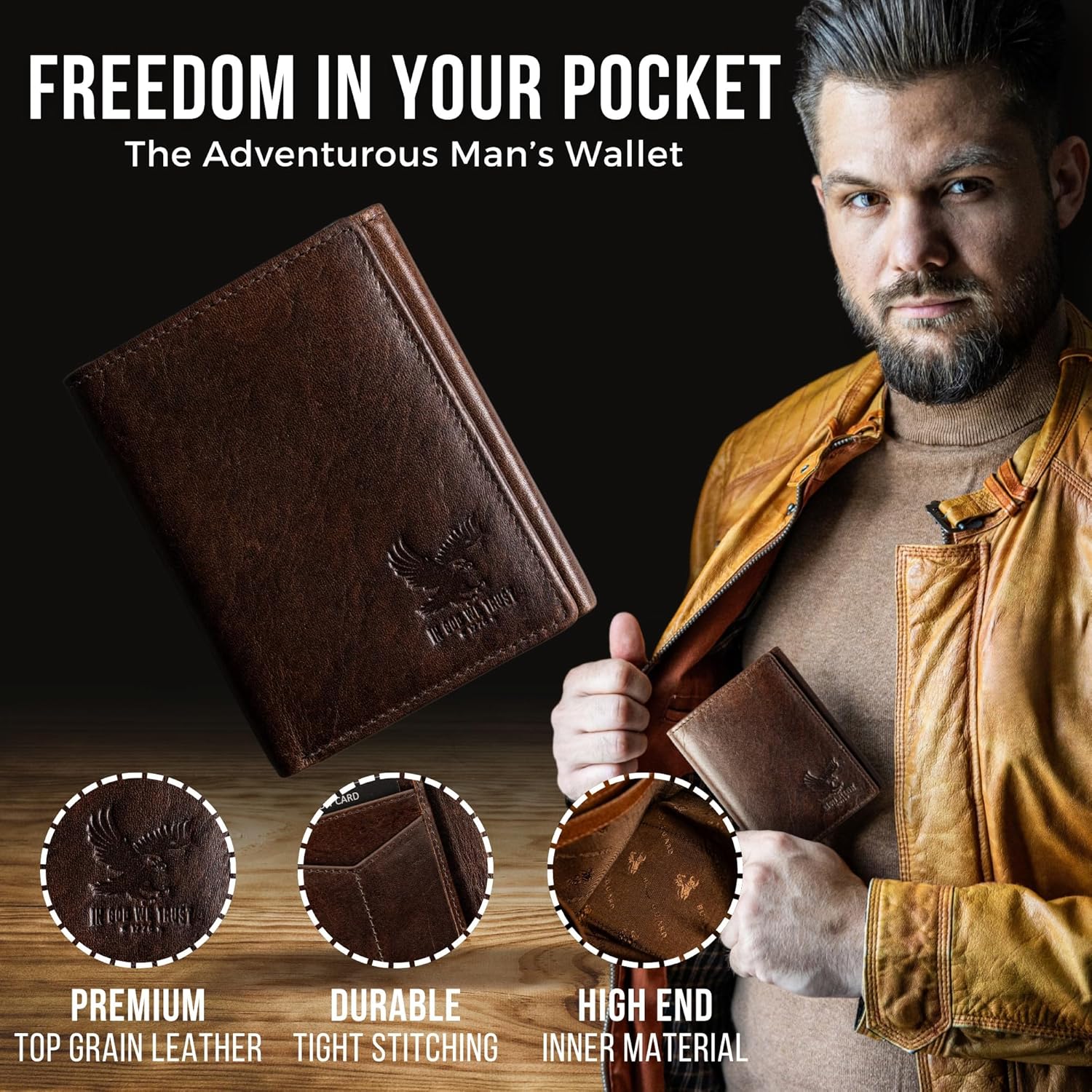 Freedom Leather RFID Trifold Wallet for Men with Smart Pocket for Air Tag or Other Tracking Devices and 2 ID Windows In Durable Top Grain Leather Ideal for Travel - Image 4