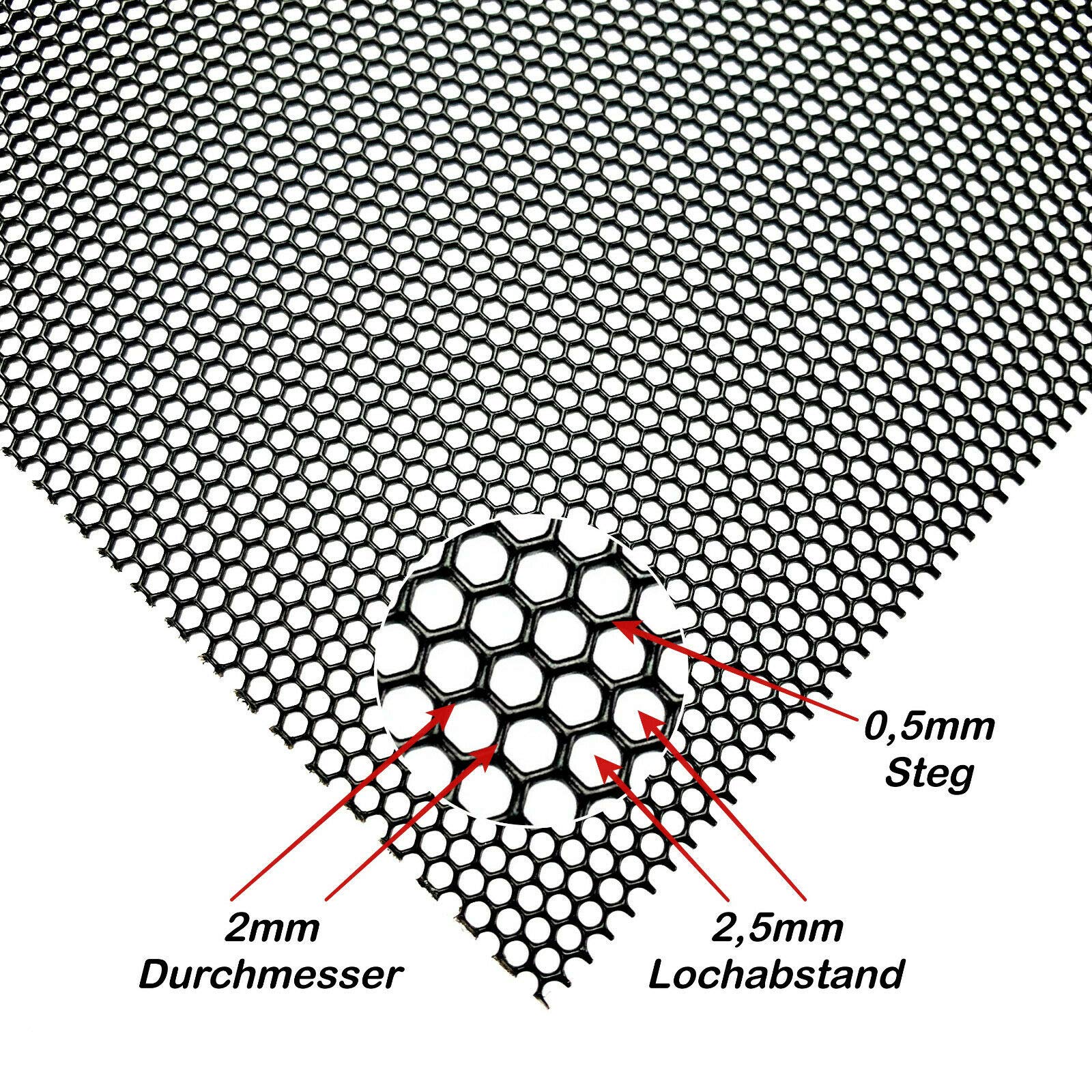 Lochblech Schwarz - Hexagonalgitter HV2-2,5 - DC01 - Stahl - 1,0mm dick - Zuschnitt nach Maß (1000 mm x 250 mm)