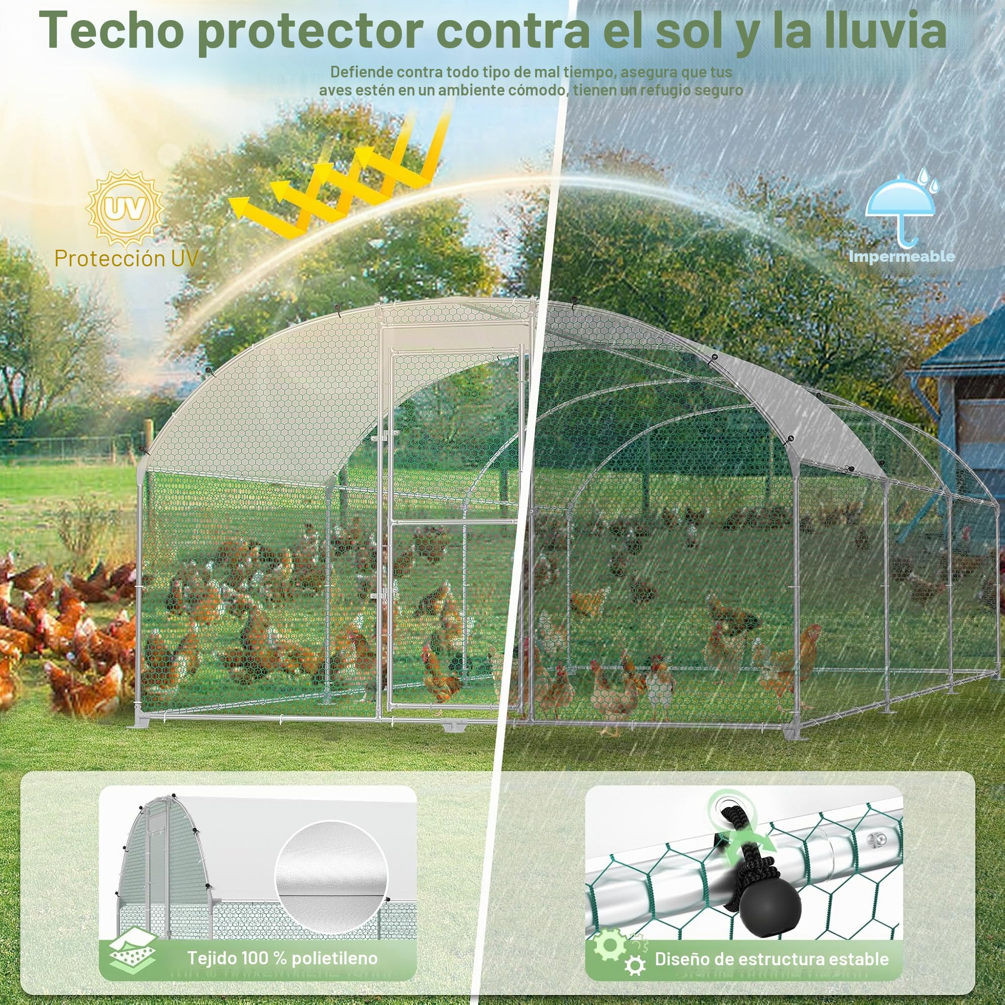 Jaula para gallinas y gallinero, de metal galvanizado, 3 x 8 m, resistente al invierno, con techo solar y cerradura, para animales pequeños y aves de corral