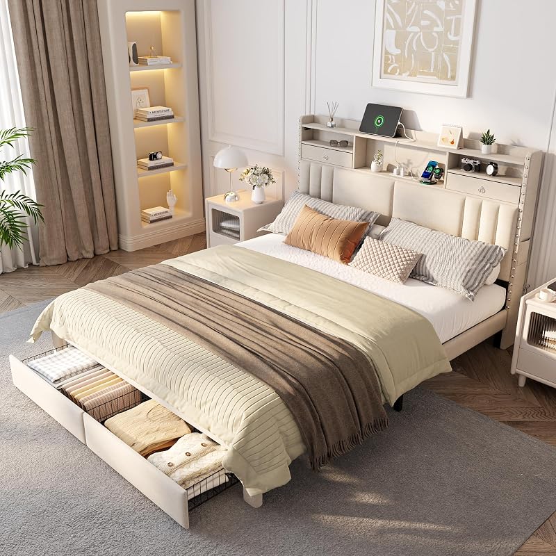 Furnulem Queen Bed Frame with Upholstered Headboard, 4 Storage Drawers image 7