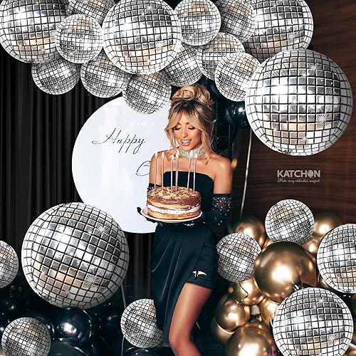 Miniatura 4 de KatchOn, Globos de bola de discoteca plateados, 32 pulgadas, paquete de 20, bola de discoteca brillante para decoraciones de fiesta de discoteca,