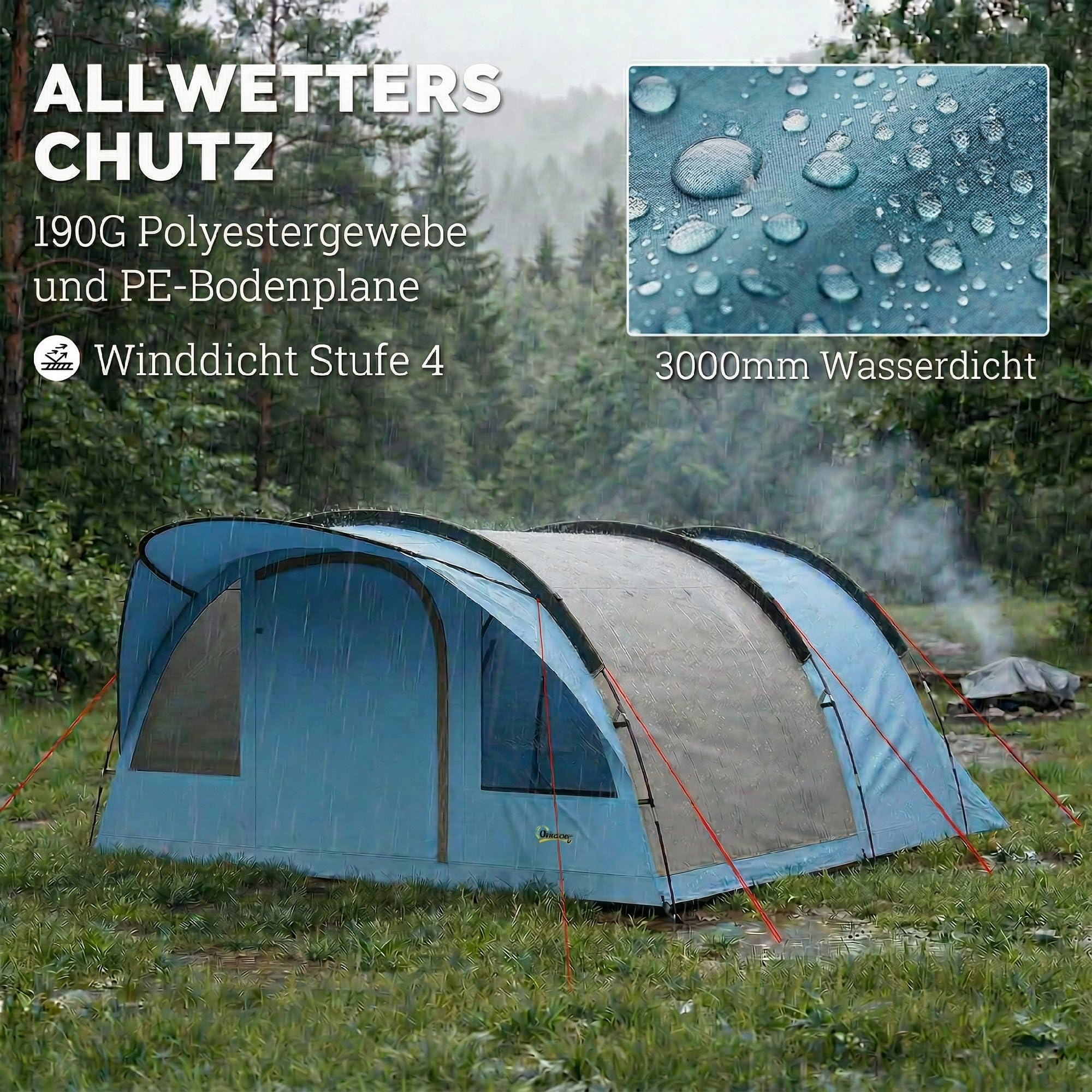 Outsunny Tunnelzelt Schlafkabine 3000 mm Wassersäule Himmelblau+Grau | 4 Personen Familienzelt, Vorzelt, Abnehmbare Trennwand, Fenstern, Bodenplane, Stehhöhe, Wasserdicht, Tragetasche