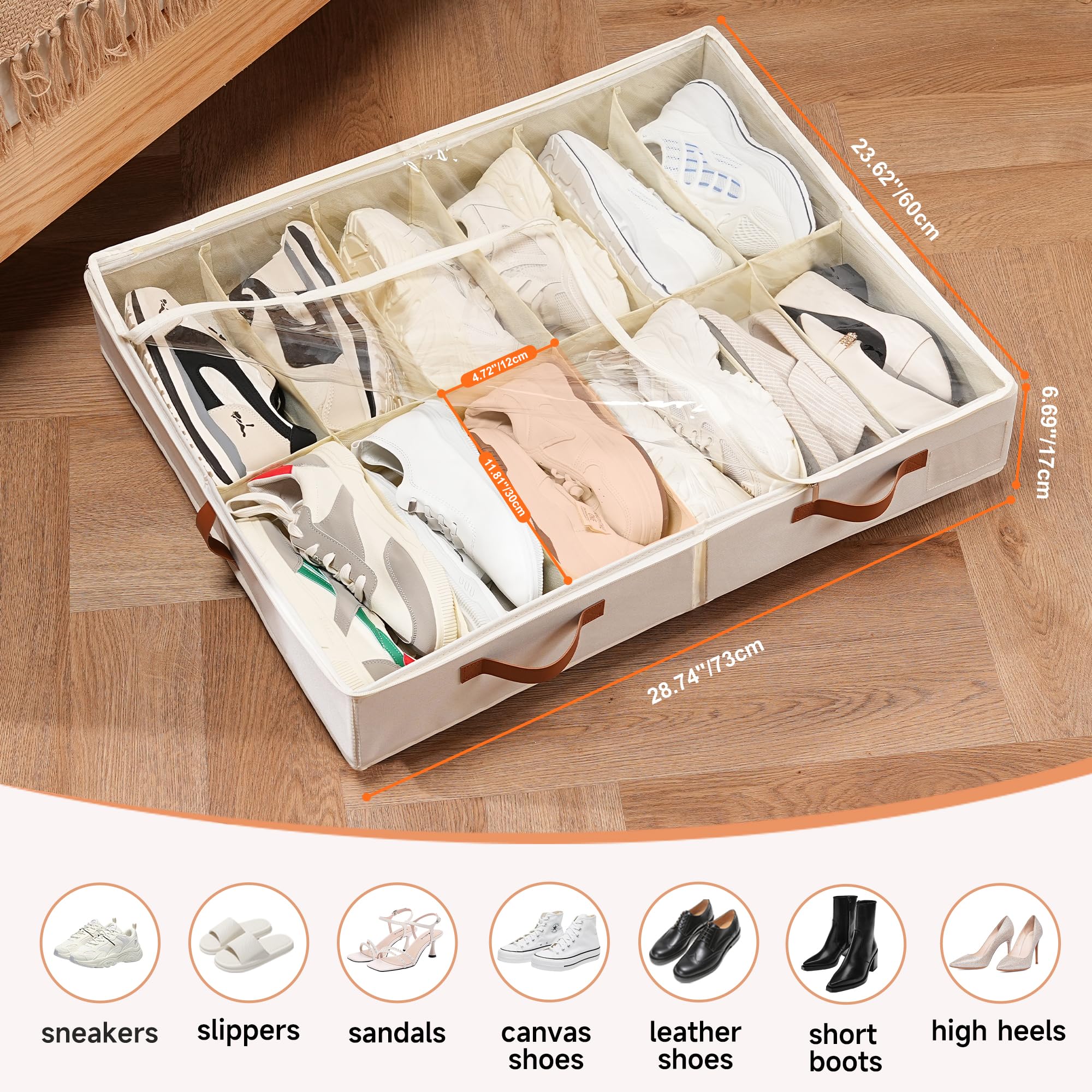 Scarpiera sotto il letto con ruote, confezione da 2, contiene da 12 a 24 paia, robusto organizer per scarpe con coperchio trasparente, cerniere e 3 manici, organizer pieghevole in tessuto per