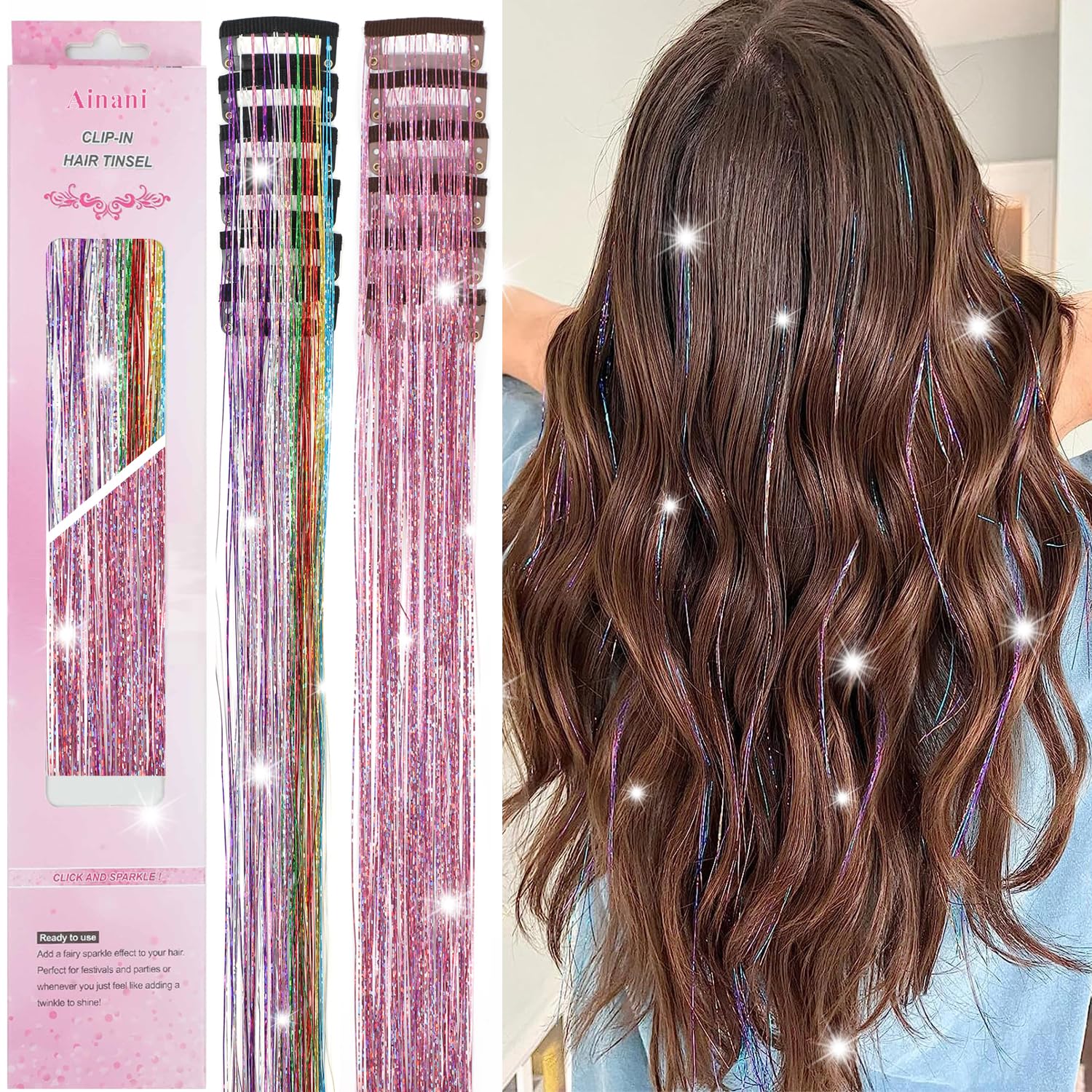 Ainani Hair Tinsel Clip in 12 Pcs Glitter Tinsel Hair Extensions 20 Inch Fairy Hair Clip in Hair Tinsel Heat Resistant Sparkly Hair Accessories for
