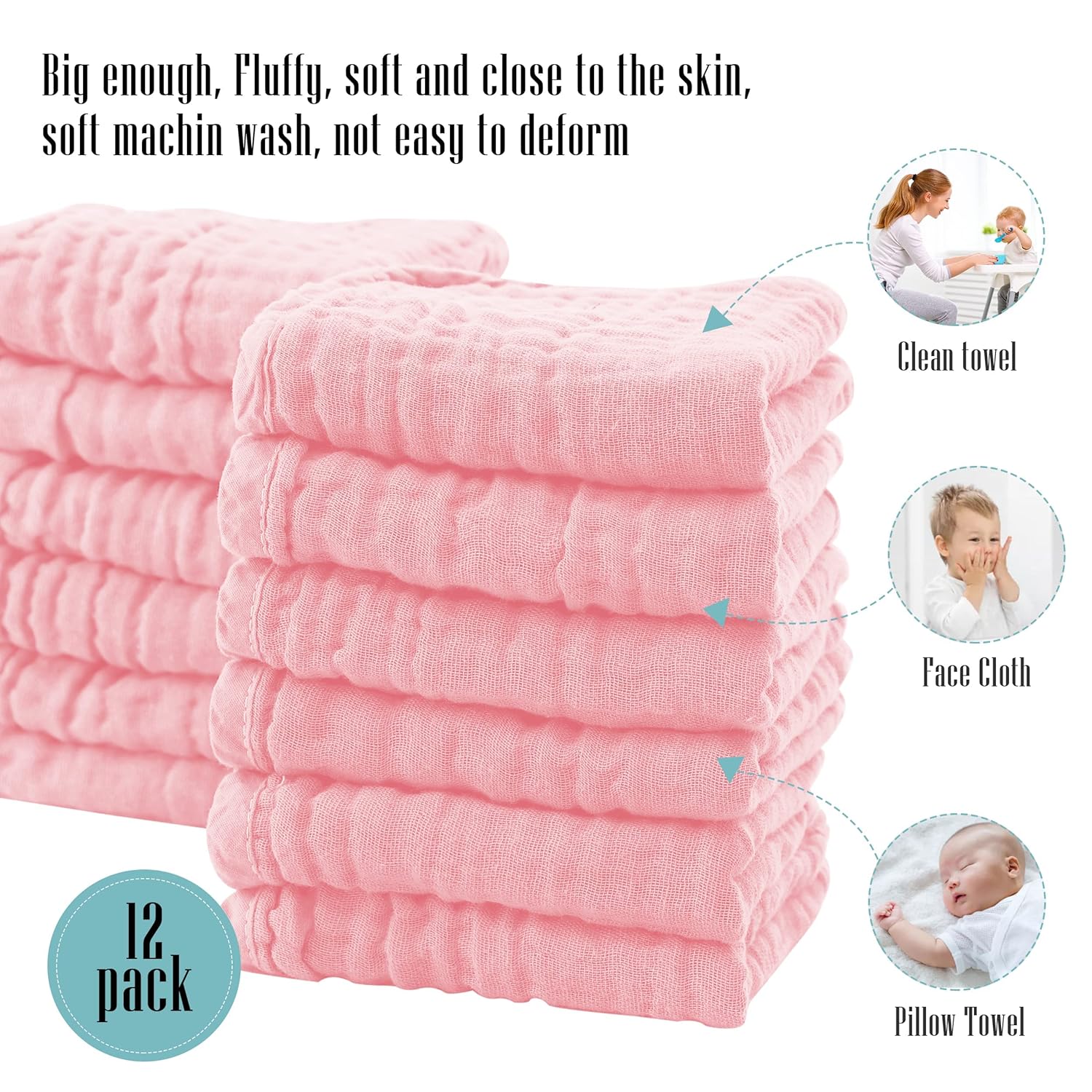 Cute Castle 24 Pack Muslin Burp Cloths for Baby - Ultra-Soft 100% Cotton Baby Washcloths - Large 20'' by 10'' Super Absorbent Milk Spit Up Rags - Burpy Cloths for Unisex, Boy, Girl - Pink