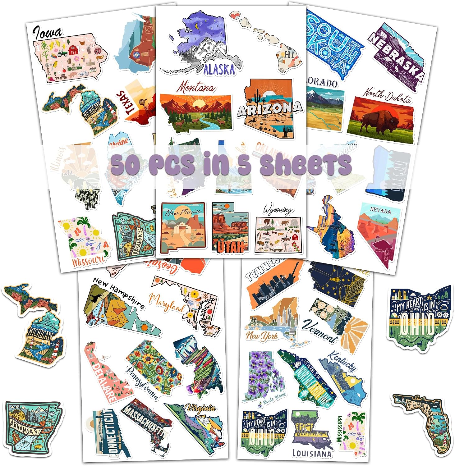 50 Pcs US States Sticker USA Vinyl Stickers Waterproof American Decals Water Bottle Scrapbook Luggage Phone Laptop Tablet Skateboard Classroom Wall Bike Christmas Birthday Gifts for Women Men image 2