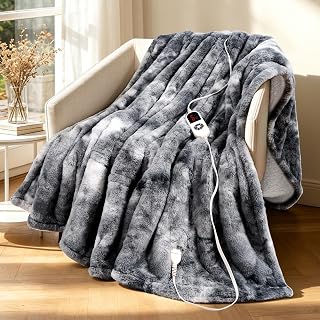 Electric Heated Throw Faux Rabbit Fur Blanket 6 Heating Levels | 12H Auto Off, Fast Heating, Warm Cozy, Machine Washable, Over-Heat Protection, ETL, Grey