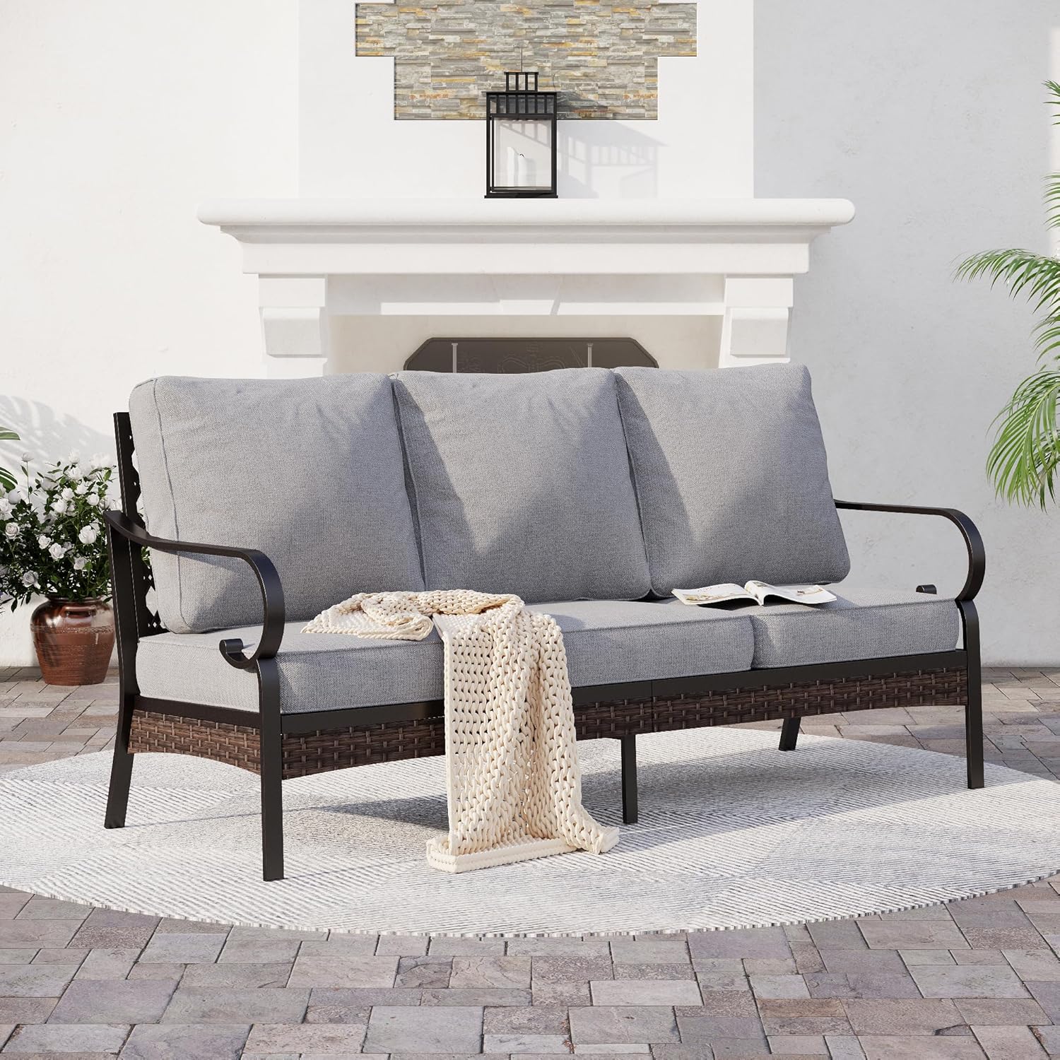 Metal Patio Furniture Sofa with 5.75" Extra Thick Cushion, 3-Seater Deep Seating & High-Back Black Frame Outdoor Couch All Weather Outdoor Seating for Deck Gazebo Porch, Light Gray