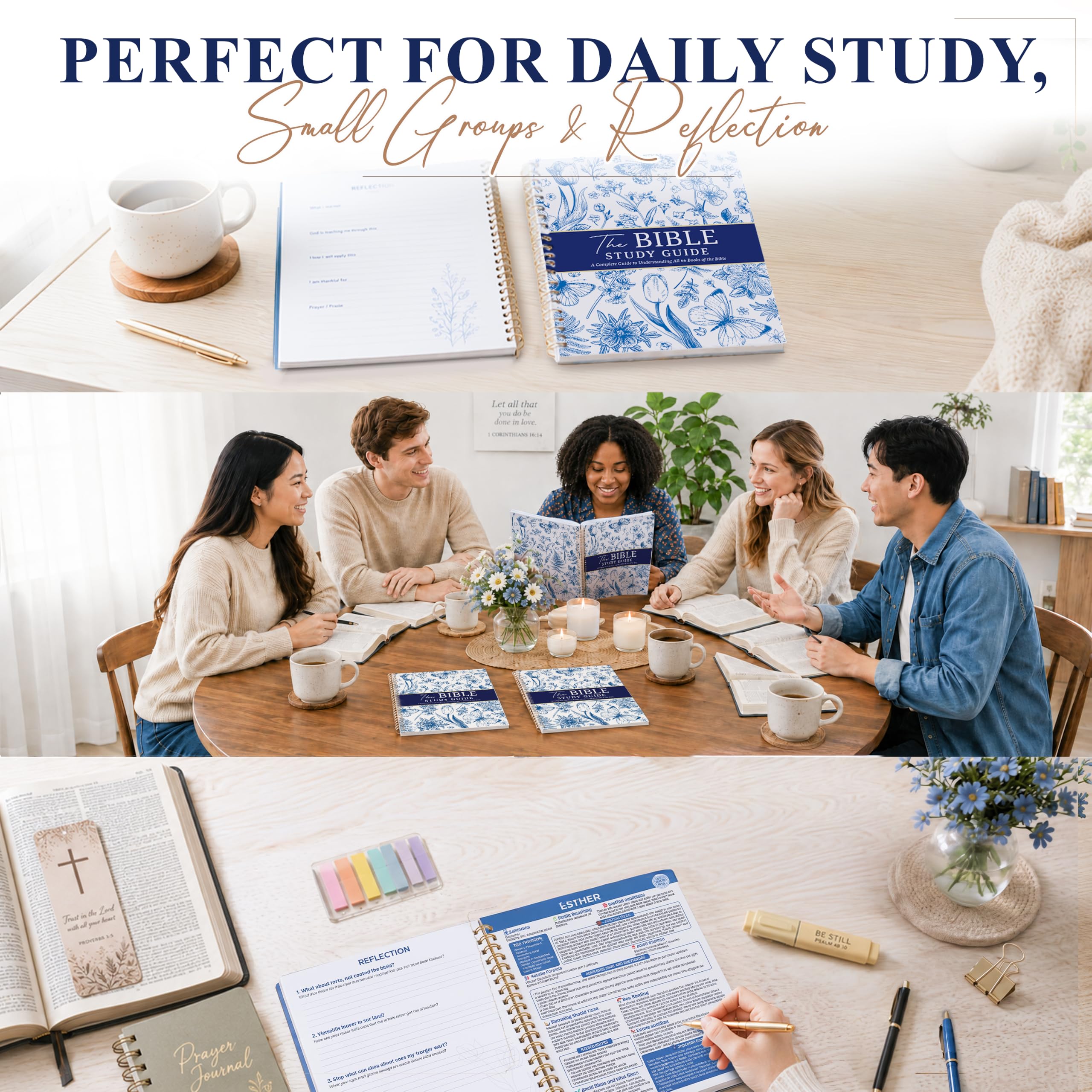 UnimaxPrint Guida allo studio della Bibbia per donne, floreale blu francese Tutti i 66 libri | Diario rilegato a spirale, 21,6 x 27,9 cm, adatto per principianti, con note di applicazione e riflessione, regali cristiani