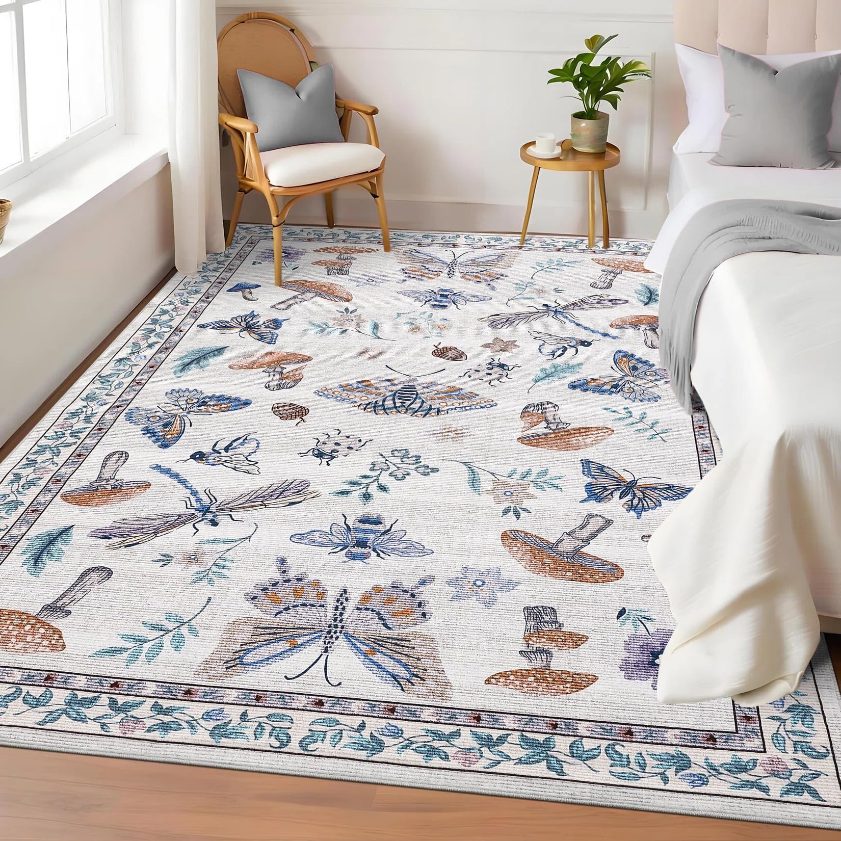 CAROMIO Mushroom Butterfly Rug 120x170 cm for Bedroom Grayish White