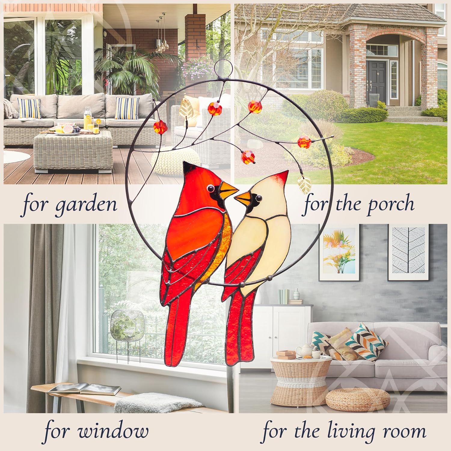 Cardinal Couple in Circle Suncatcher – Cute Birdy Suncatcher for Window – Handcrafted Stained Glass Window Hanging – Lovely Glass Adornment for House – Original Art Gift