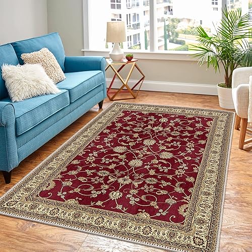 Miniatura 1 de Alfombras de área lavables, 2 x 3, color borgoña, con parte trasera antideslizante, resistente a las manchas, plegable, bohemia lavable a máquina,