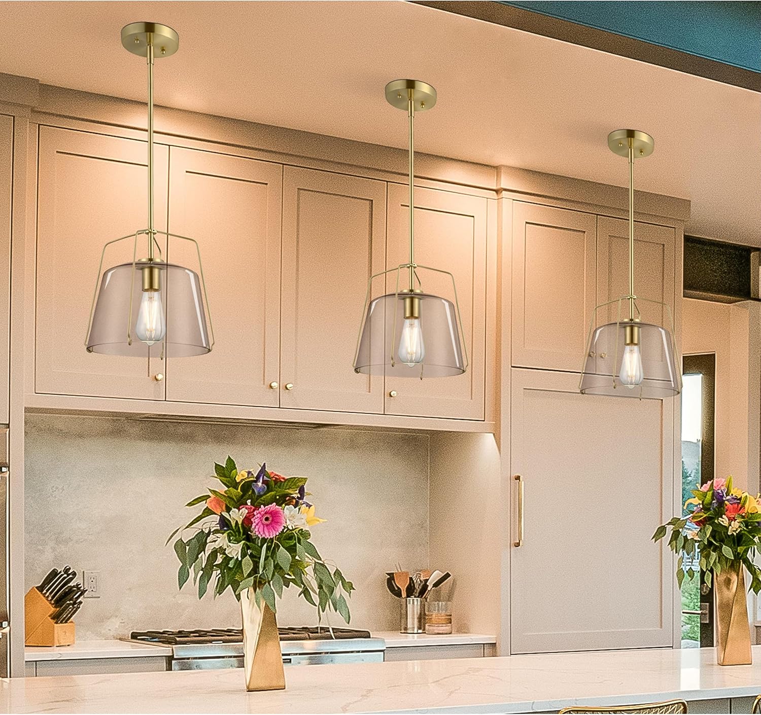 Westinghouse 6125100 Hallein Transitional One Light Indoor Pendant, Champagne Brass Finish, Smoke Grey Glass