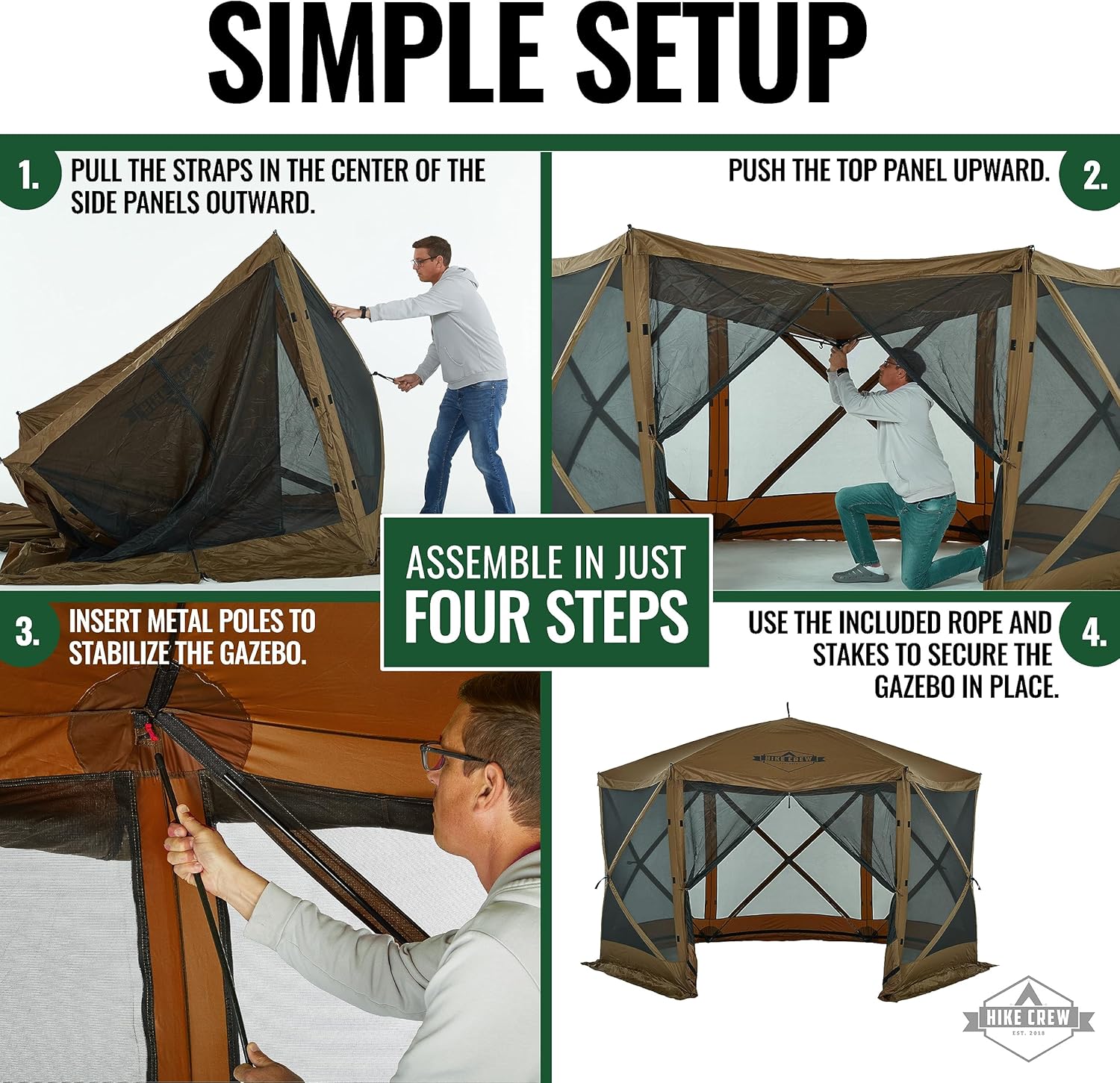 Hike Crew 12’ x 12’ Pop-Up Gazebo Screen Tent | Screened 6-Sided Instant Outdoor Canopy Shelter with Stakes, Ropes & Carry Bag for Camping, Sports & Picnic Table | UV Resistant SPF 50+