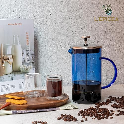 Miniatura 5 de L'PICA - Cafetera de prensa francesa de 34 onzas, prensa francesa de vidrio de borosilicato resistente al calor con 3 filtros (azul)