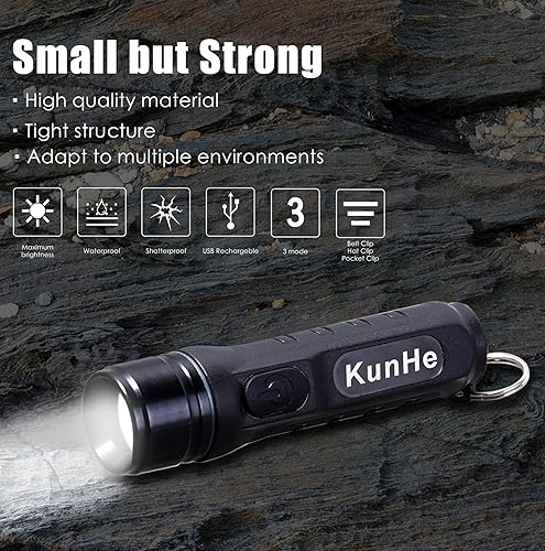 Miniatura 4 de KunHe K4 Mini llavero LED de bolsillo pequeño recargable por USB, 300 lúmenes altos brillantes, potentes linternas paquete de 4