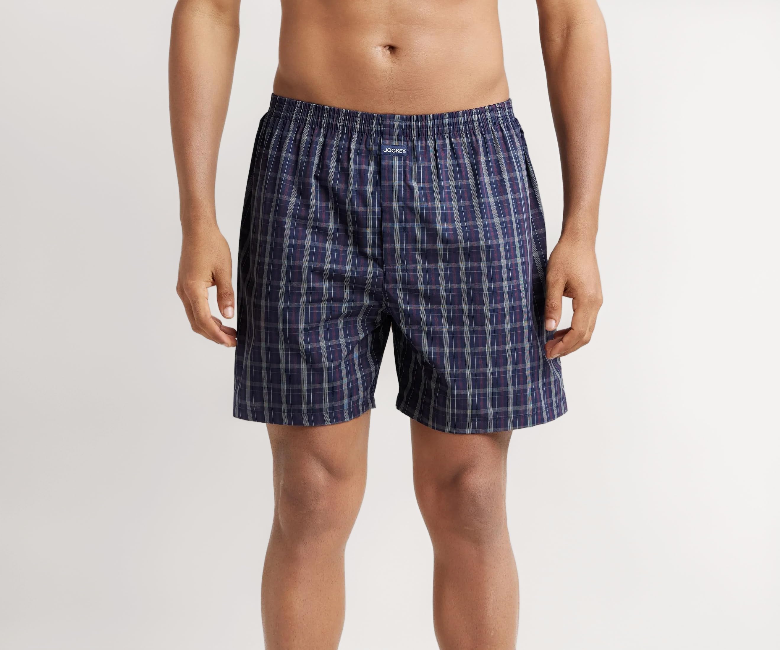 1222 Men's Super Combed Mercerized Cotton Woven Checkered Boxer Shorts with Back Pocket (Pack of 2_Colors & Checks May Vary)